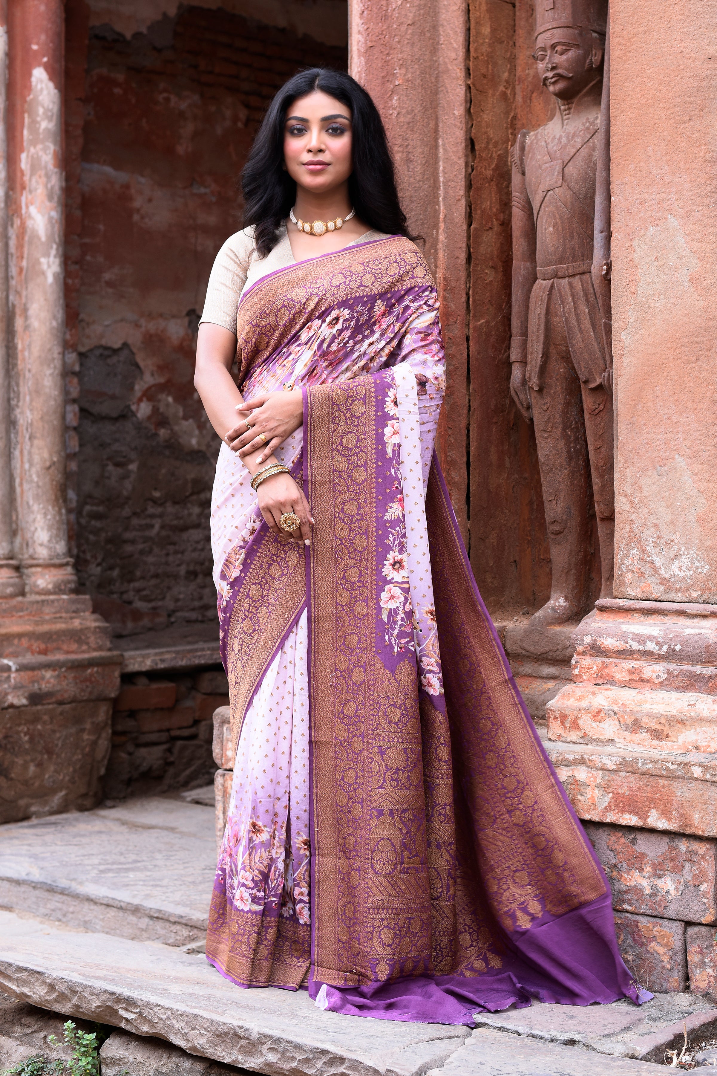 Lilac Banarasi Crape Chiffon Silk Saree