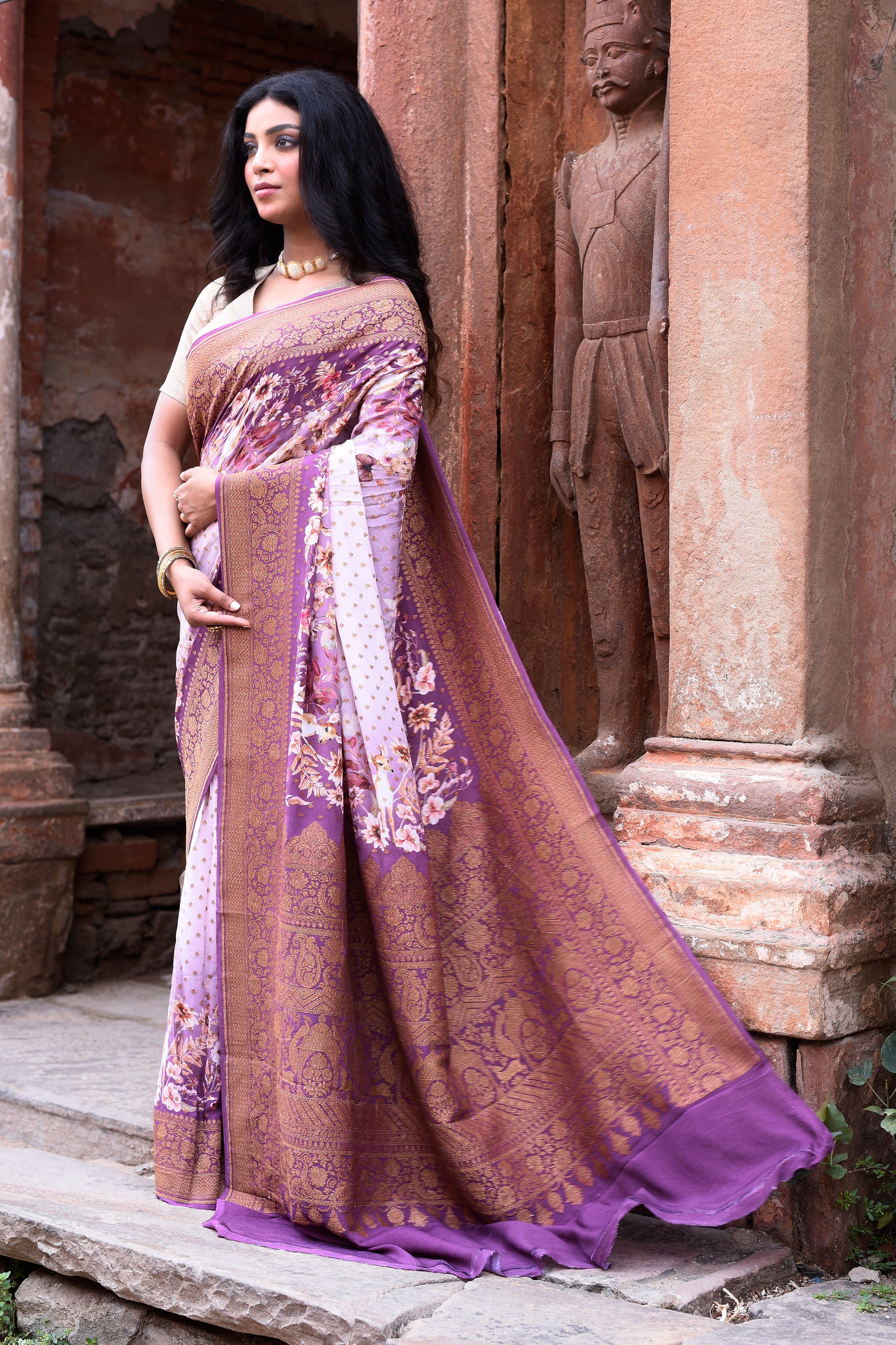Lilac Banarasi Crape Chiffon Silk Saree