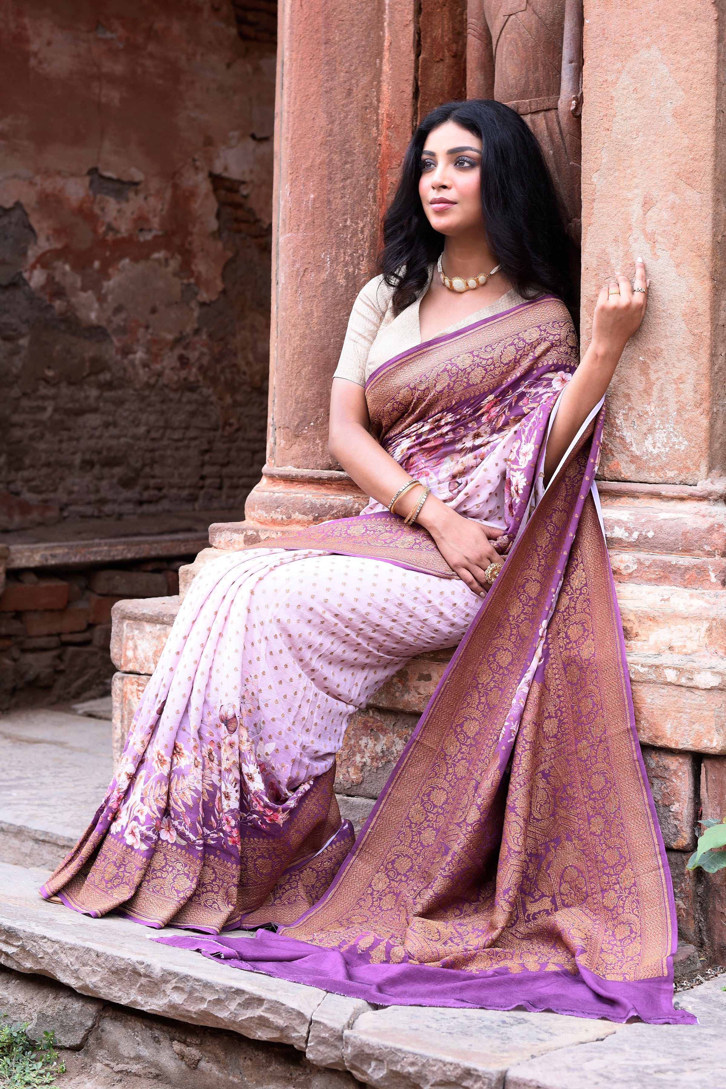 Lilac Banarasi Crape Chiffon Silk Saree