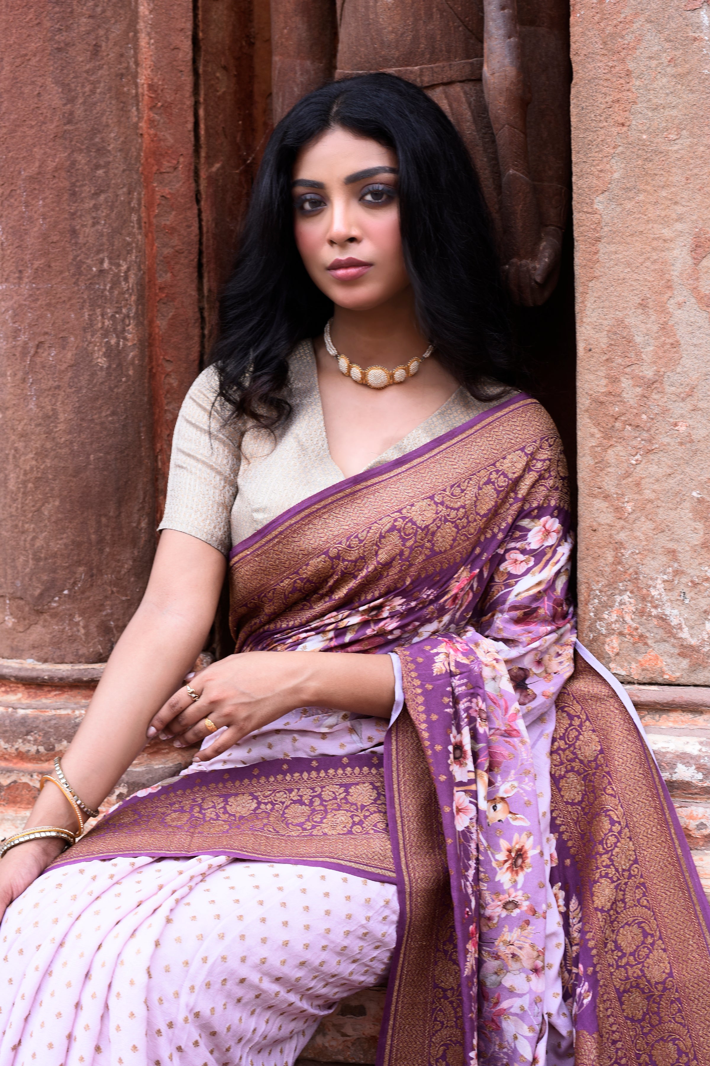 Lilac Banarasi Crape Chiffon Silk Saree