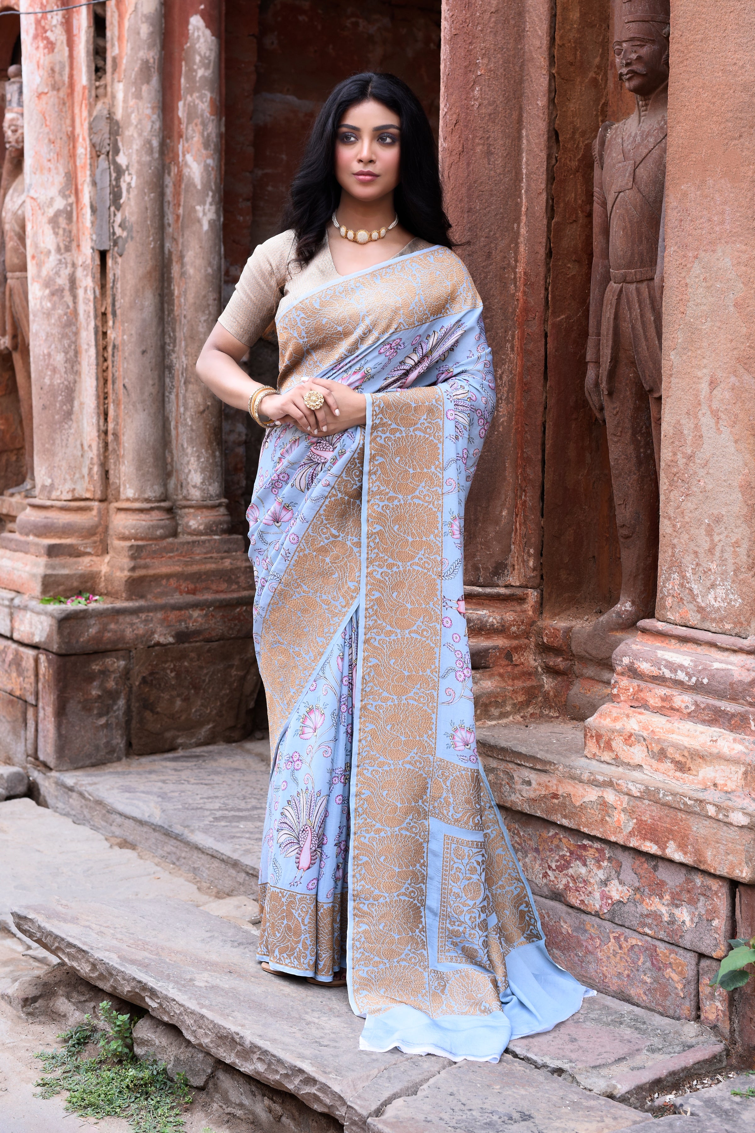 Dusky Sky Blue Banarasi Crape Chiffon Silk Saree