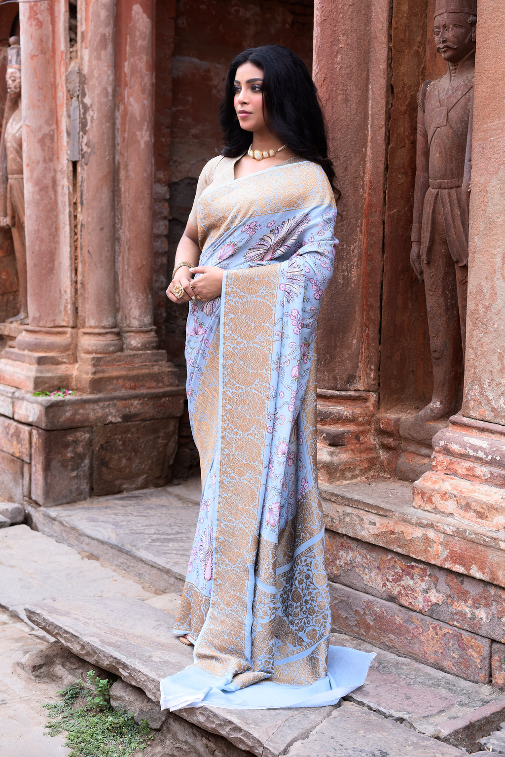Dusky Sky Blue Banarasi Crape Chiffon Silk Saree