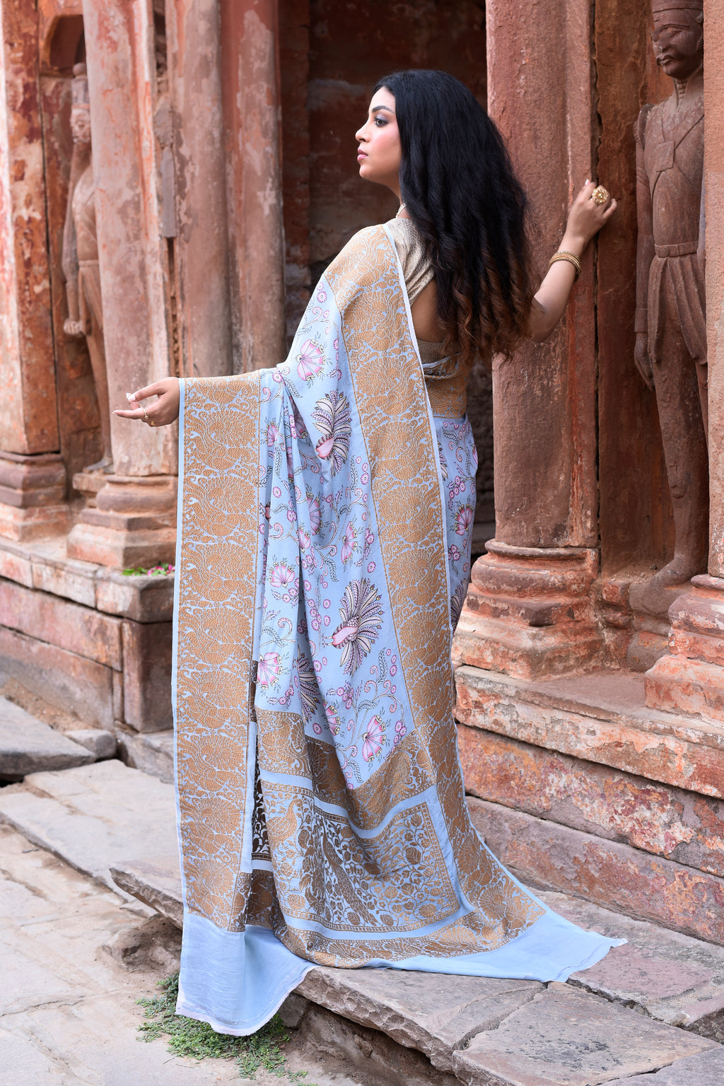 Dusky Sky Blue Banarasi Crape Chiffon Silk Saree