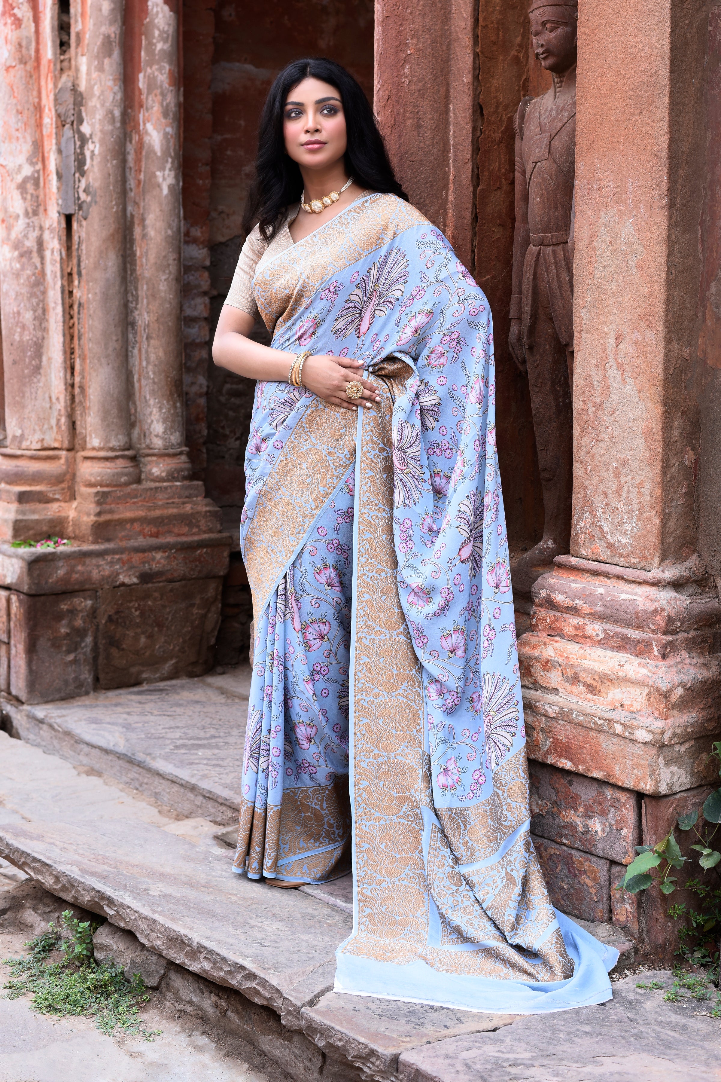 Dusky Sky Blue Banarasi Crape Chiffon Silk Saree