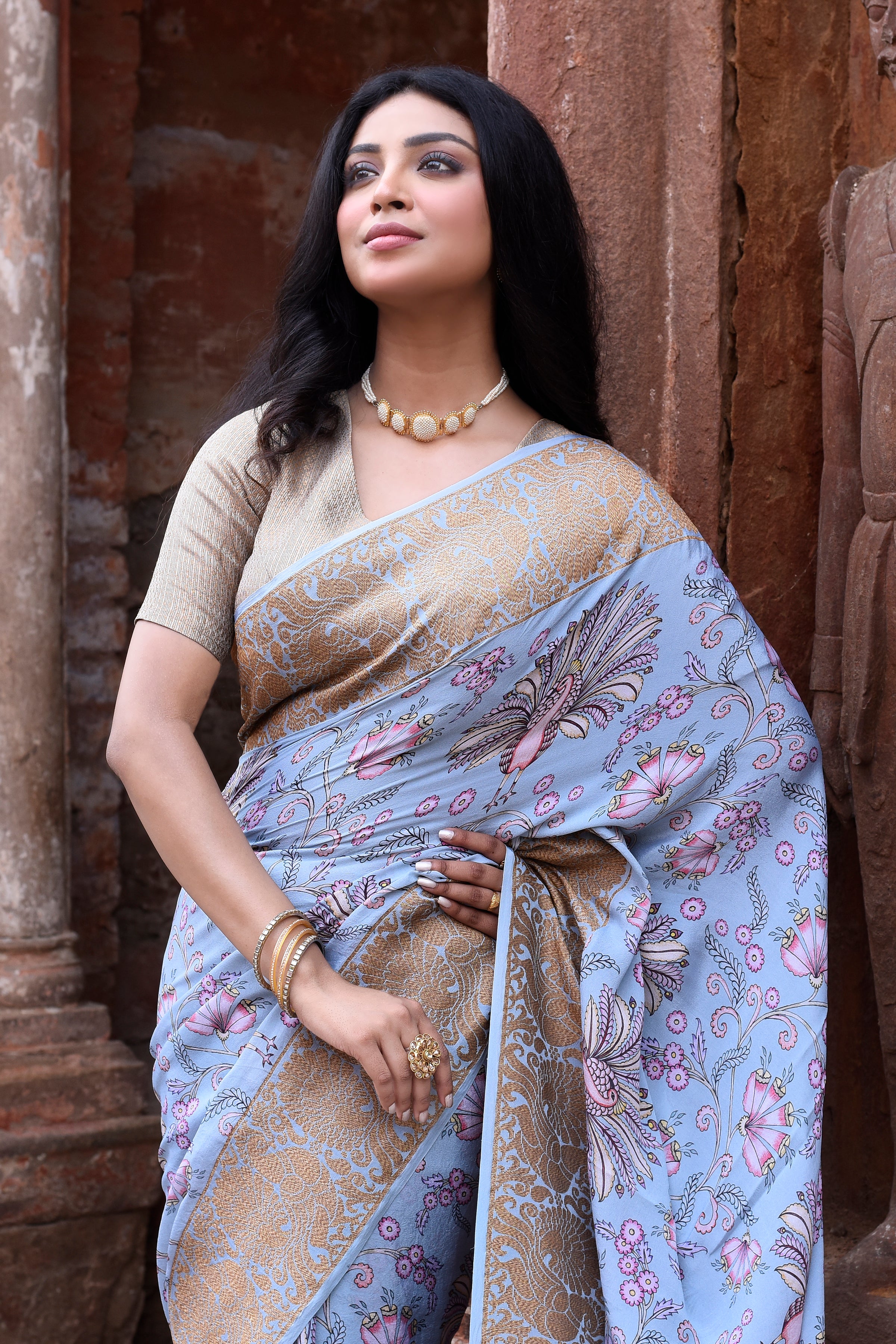 Dusky Sky Blue Banarasi Crape Chiffon Silk Saree