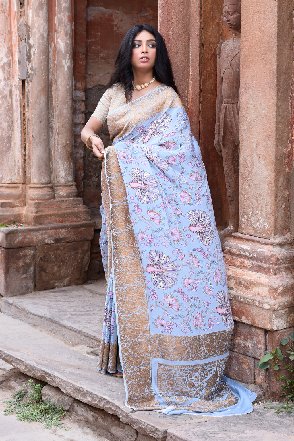 Dusky Sky Blue Banarasi Crape Chiffon Silk Saree