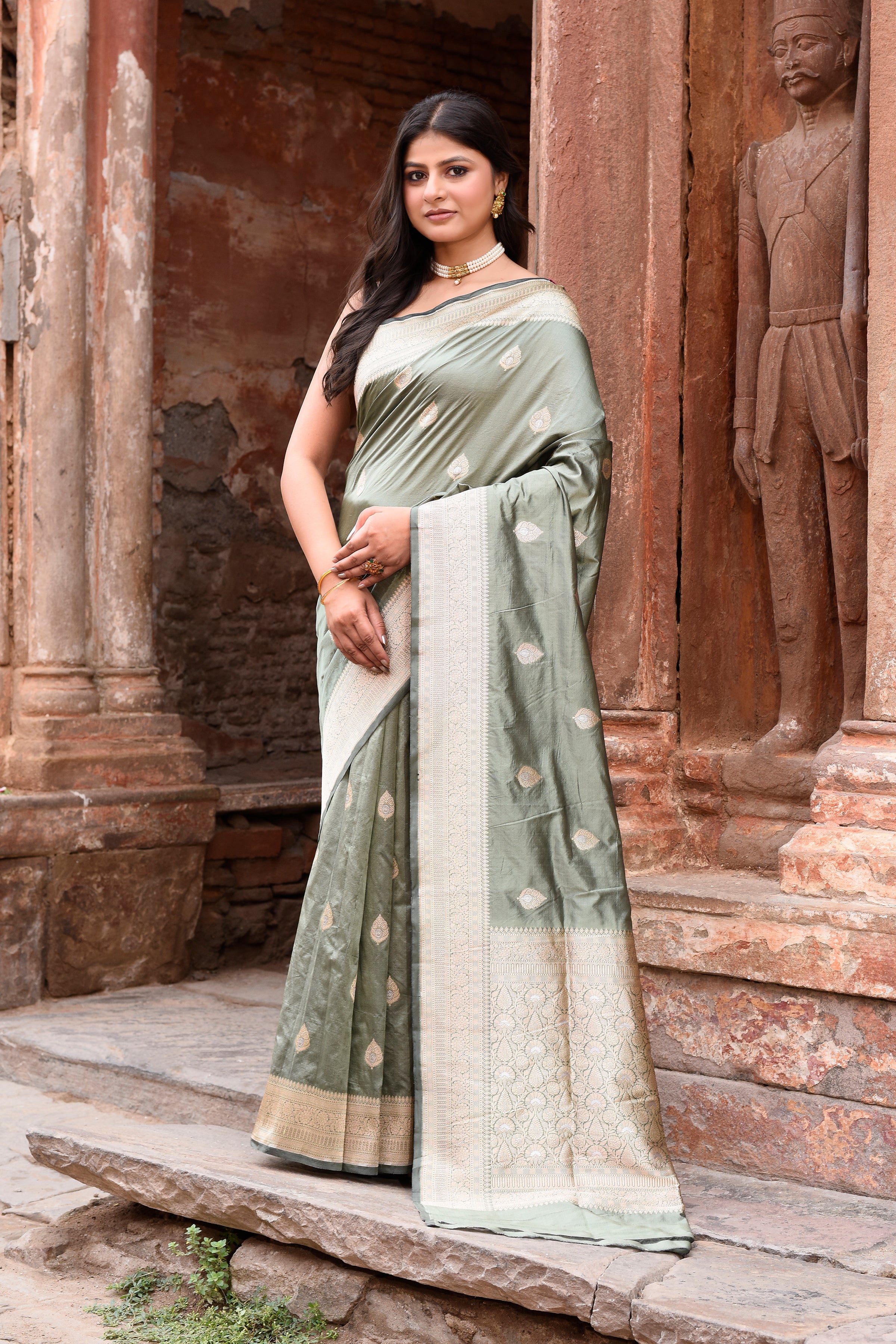 Dusky Olive Pure Banarasi Katan Silk Saree