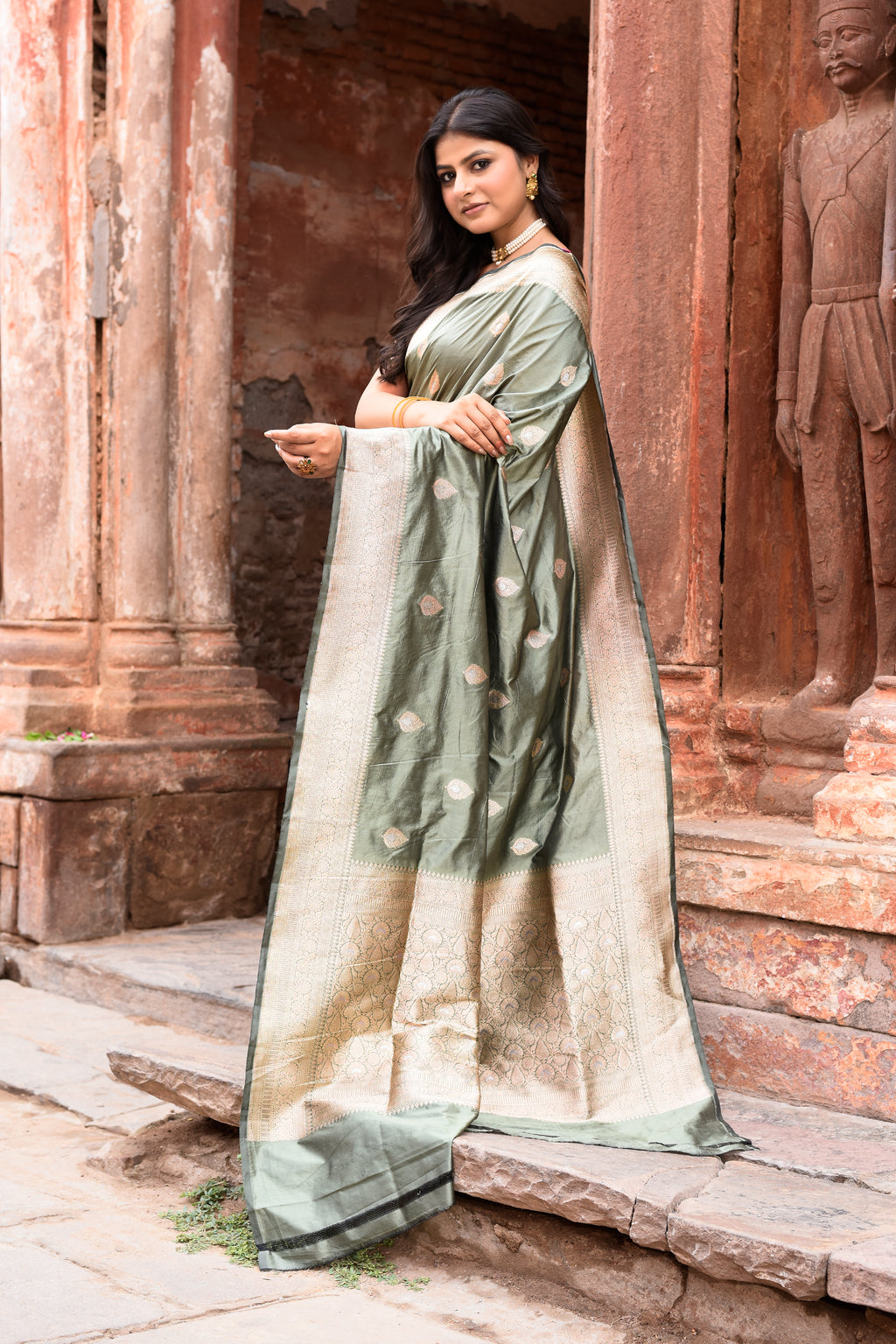 Dusky Olive Pure Banarasi Katan Silk Saree