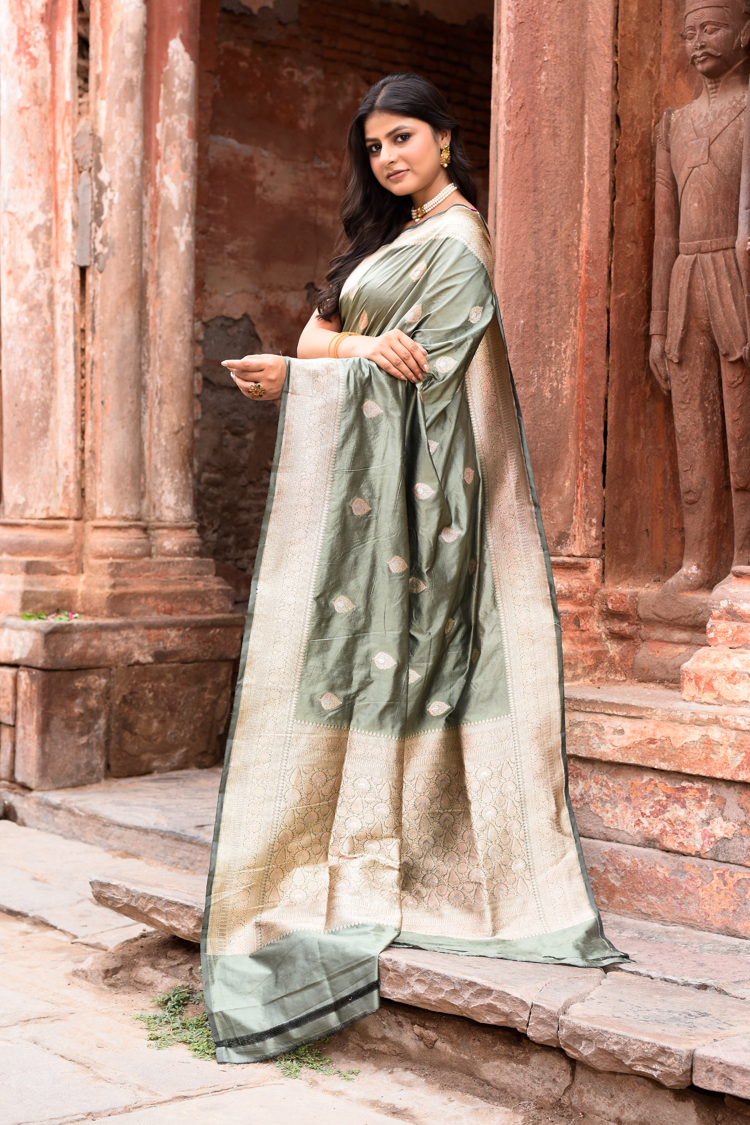 Dusky Olive Pure Banarasi Katan Silk Saree