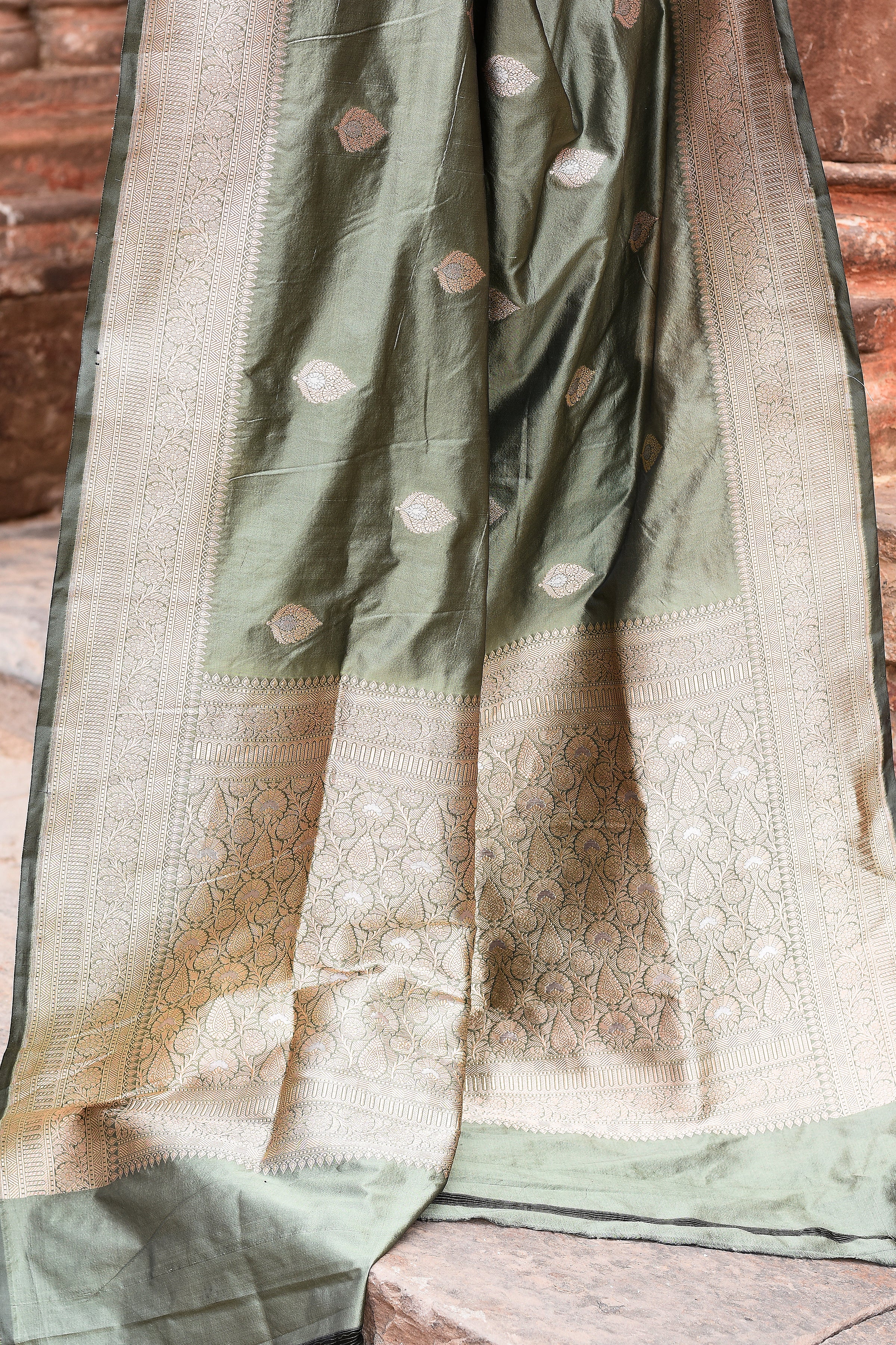 Dusky Olive Pure Banarasi Katan Silk Saree