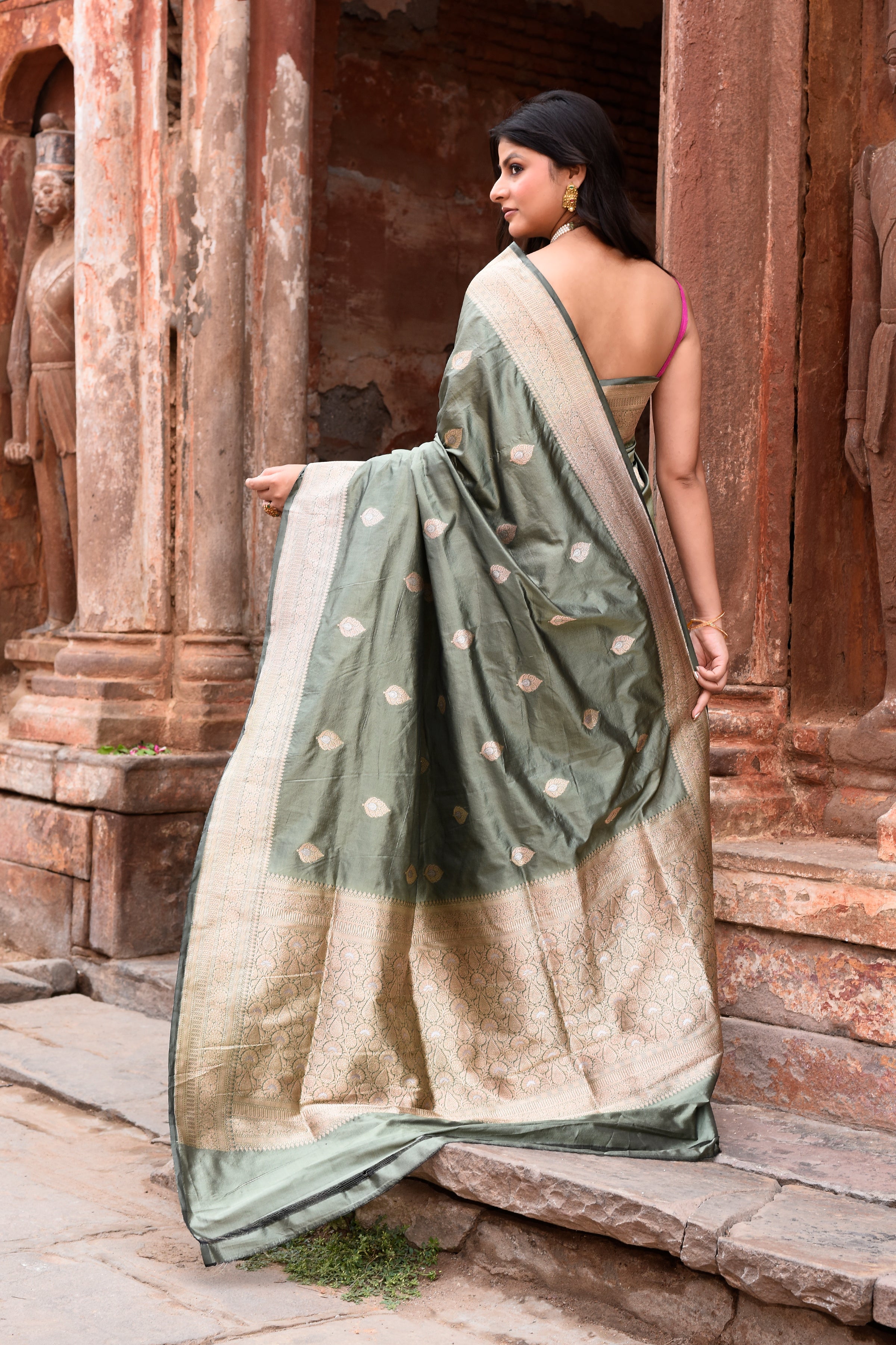Dusky Olive Pure Banarasi Katan Silk Saree