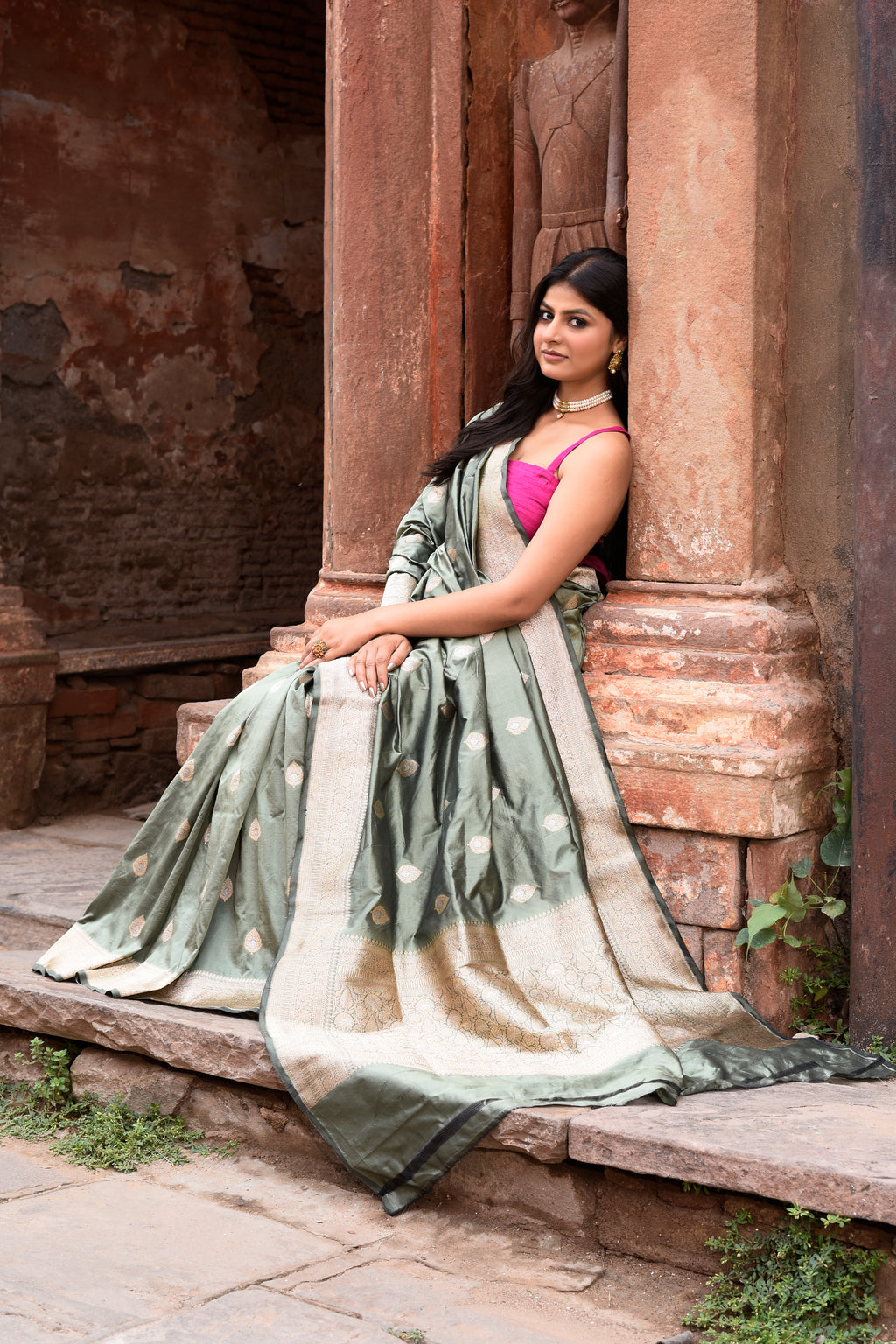 Dusky Olive Pure Banarasi Katan Silk Saree