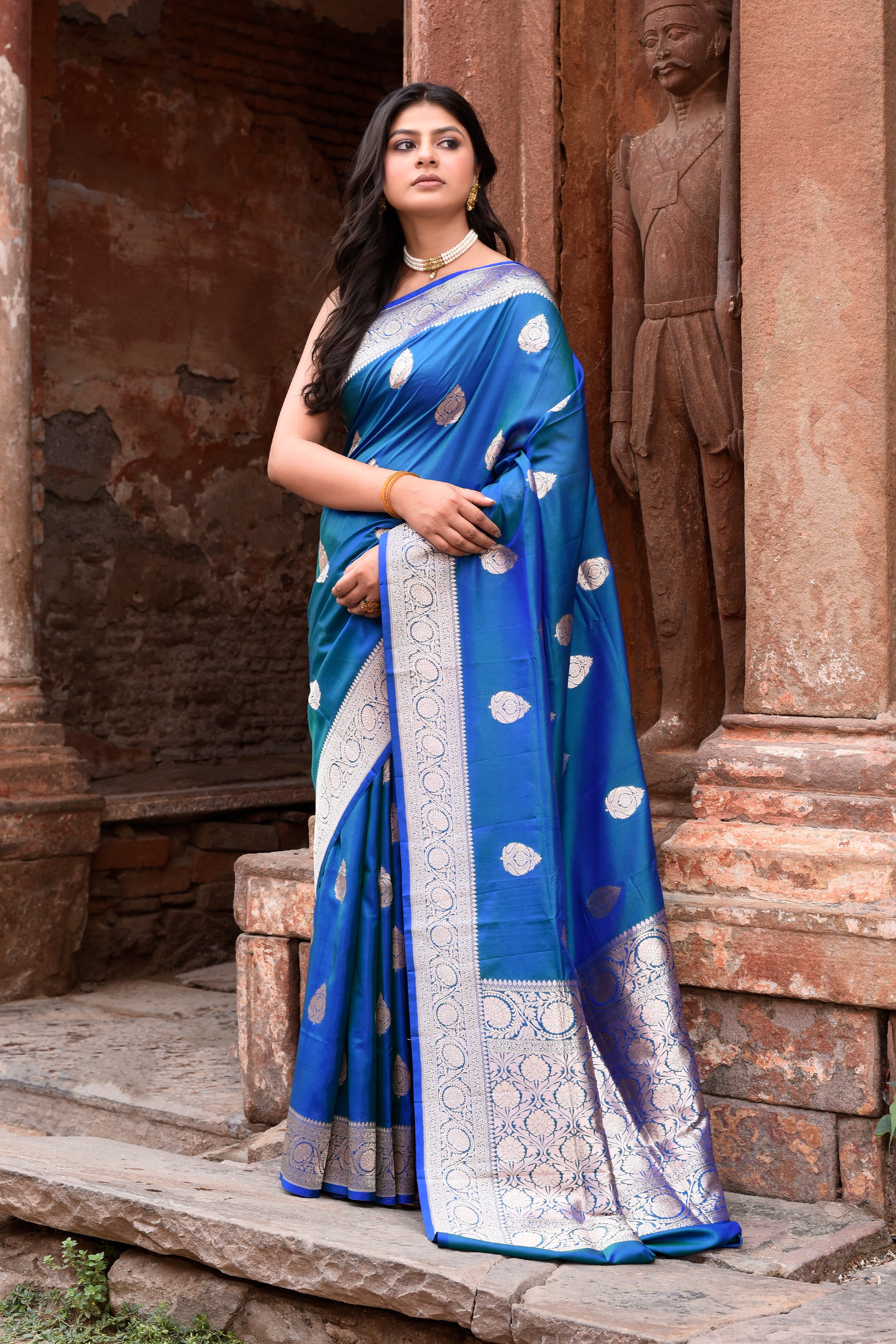 Dusky Blue Banarasi Crape Chiffon Silk Saree