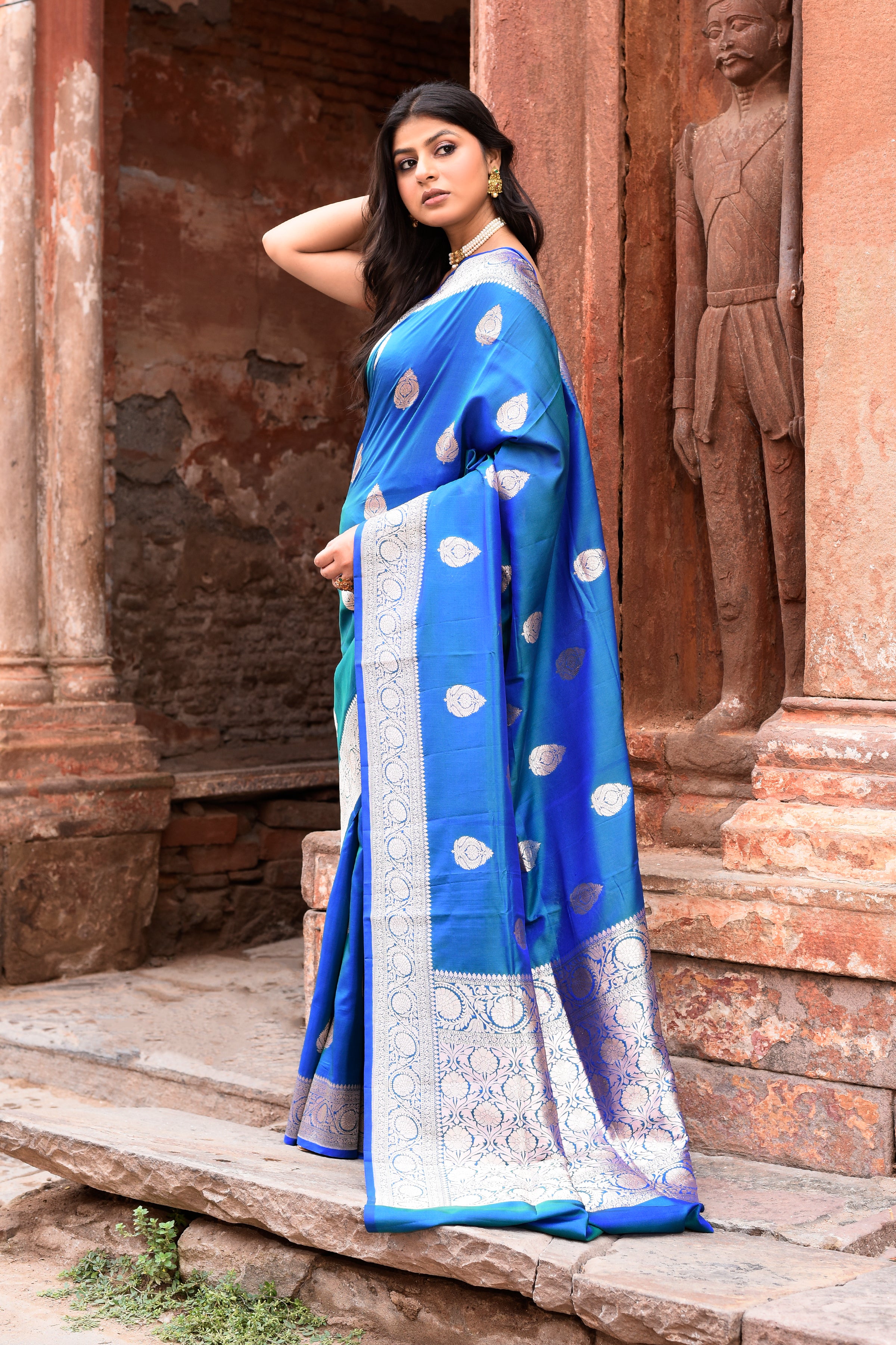 Dusky Blue Banarasi Crape Chiffon Silk Saree