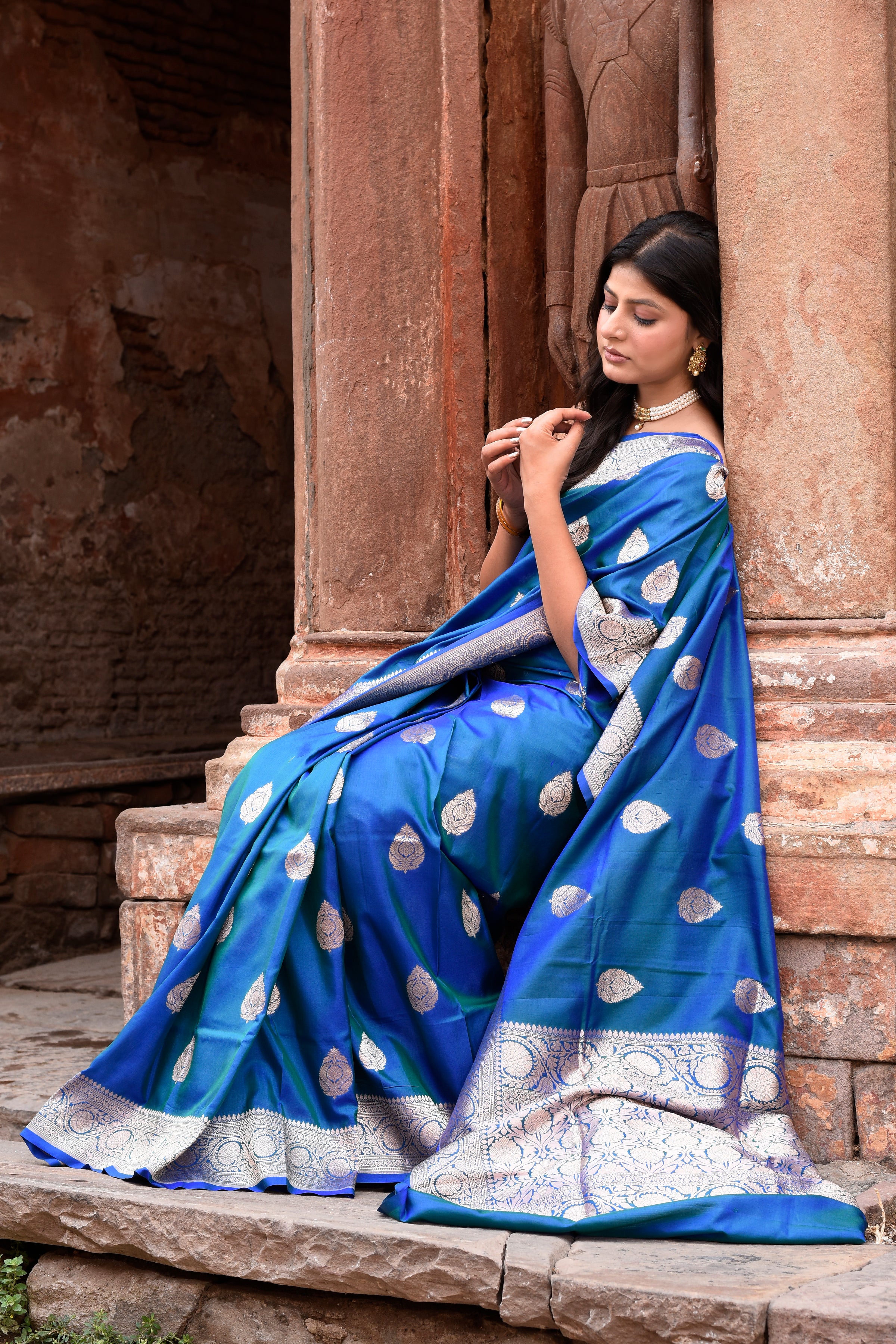 Dusky Blue Banarasi Crape Chiffon Silk Saree