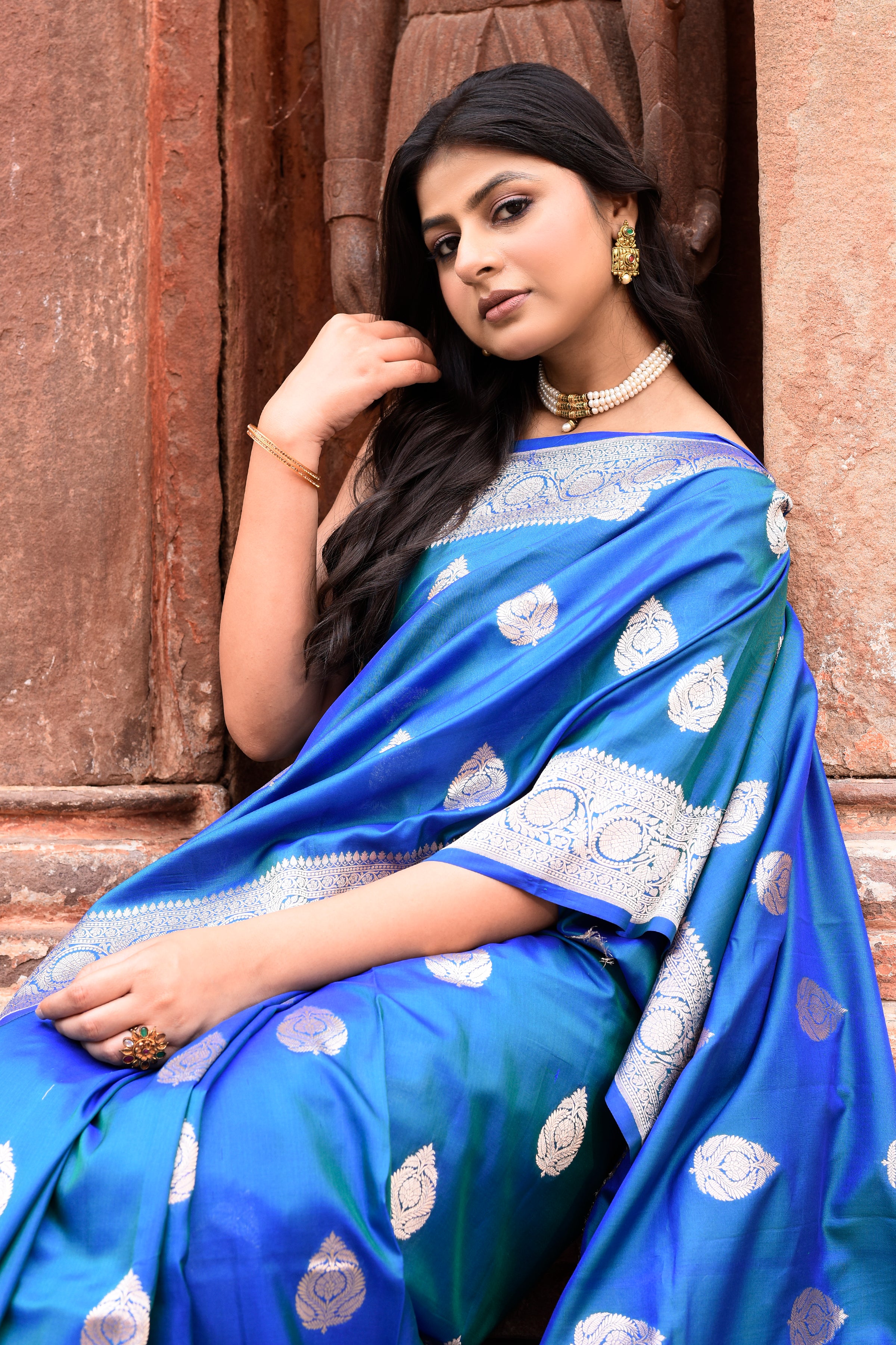 Dusky Blue Banarasi Crape Chiffon Silk Saree