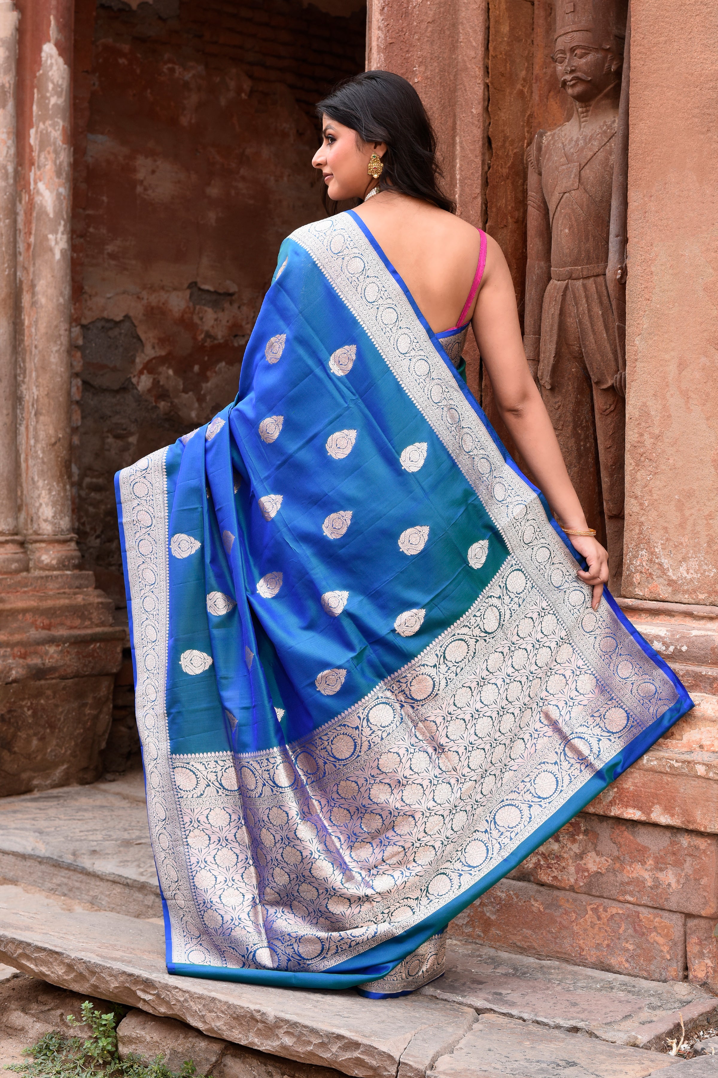 Dusky Blue Banarasi Crape Chiffon Silk Saree