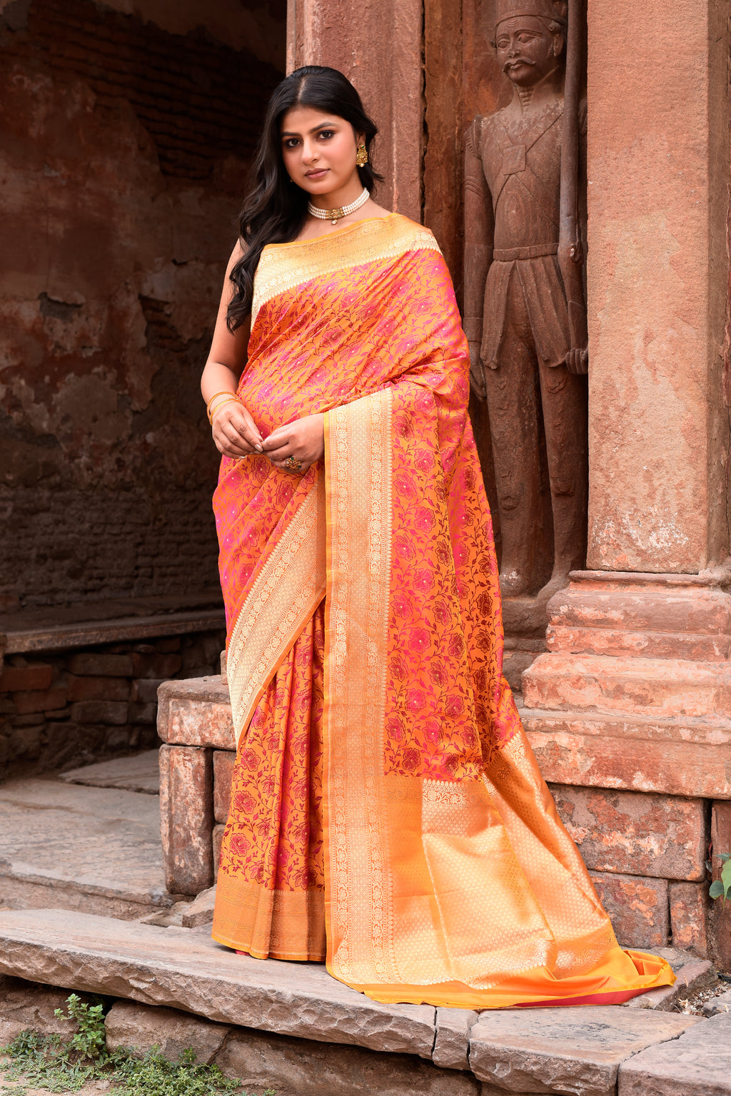 Radiant Orange-Pink Pure Silk Katan Brocade Saree