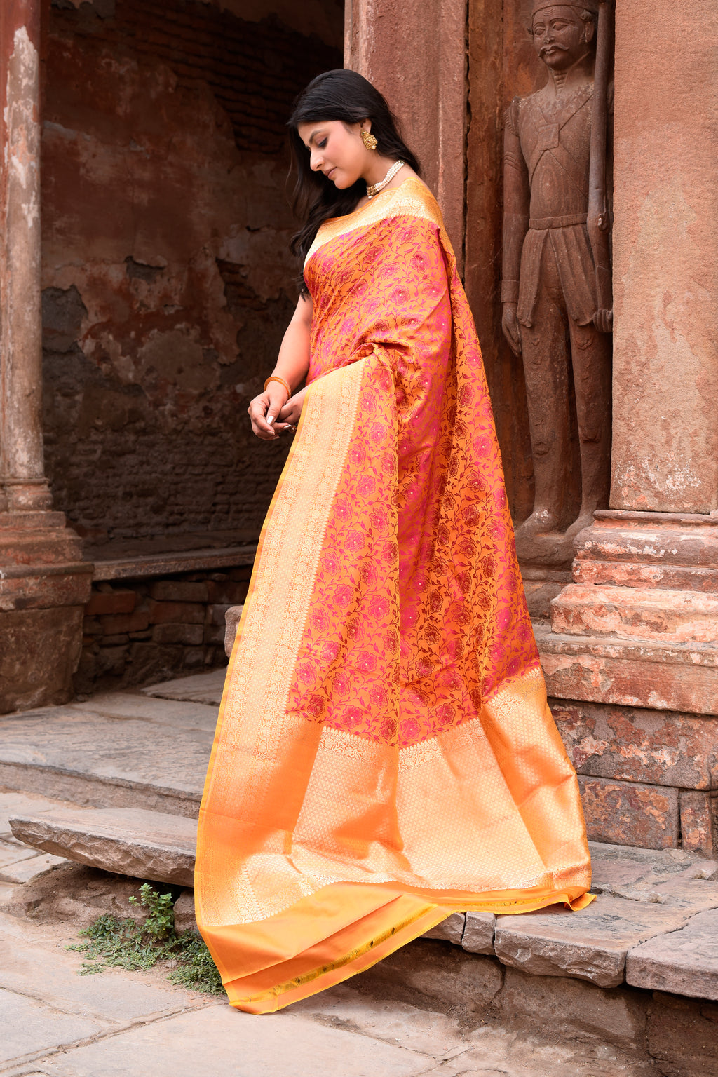 Radiant Orange-Pink Pure Silk Katan Brocade Saree