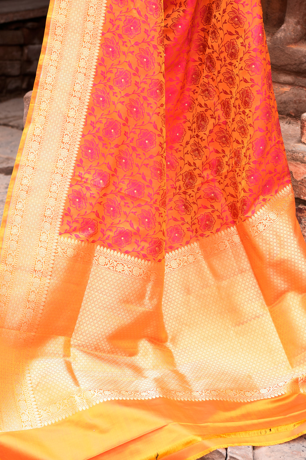 Radiant Orange-Pink Pure Silk Katan Brocade Saree