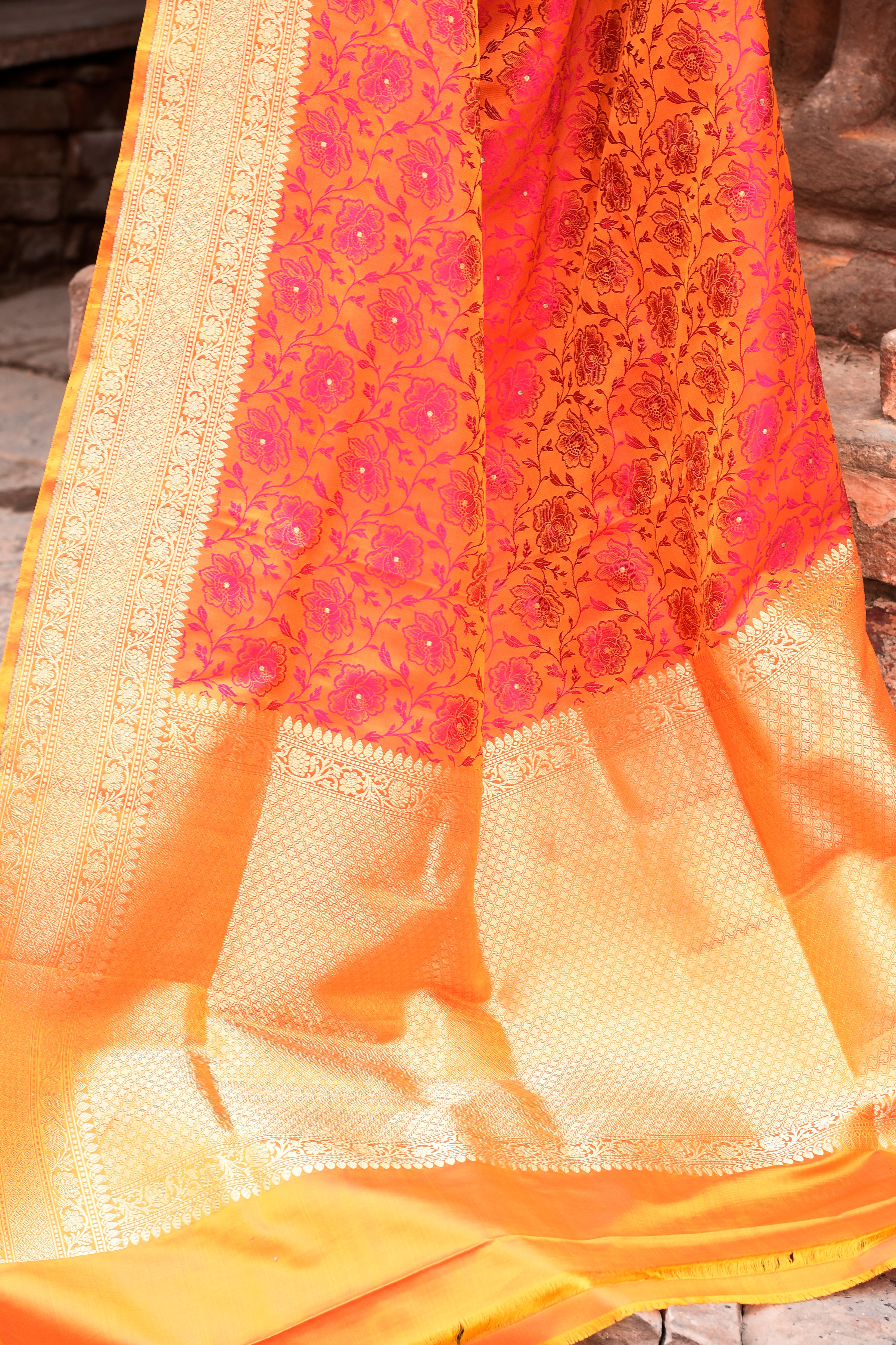Radiant Orange-Pink Pure Silk Katan Brocade Saree