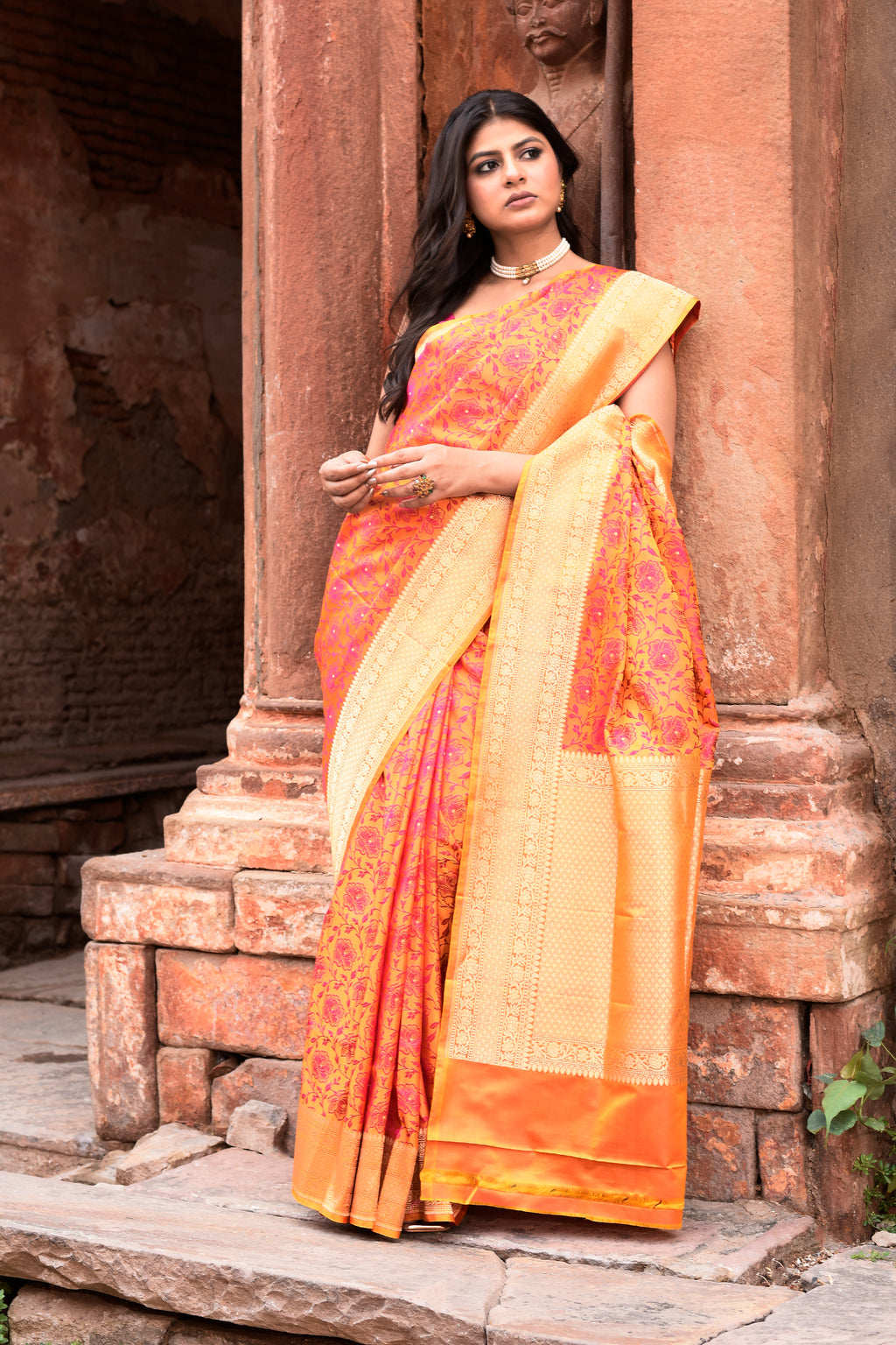Radiant Orange-Pink Pure Silk Katan Brocade Saree