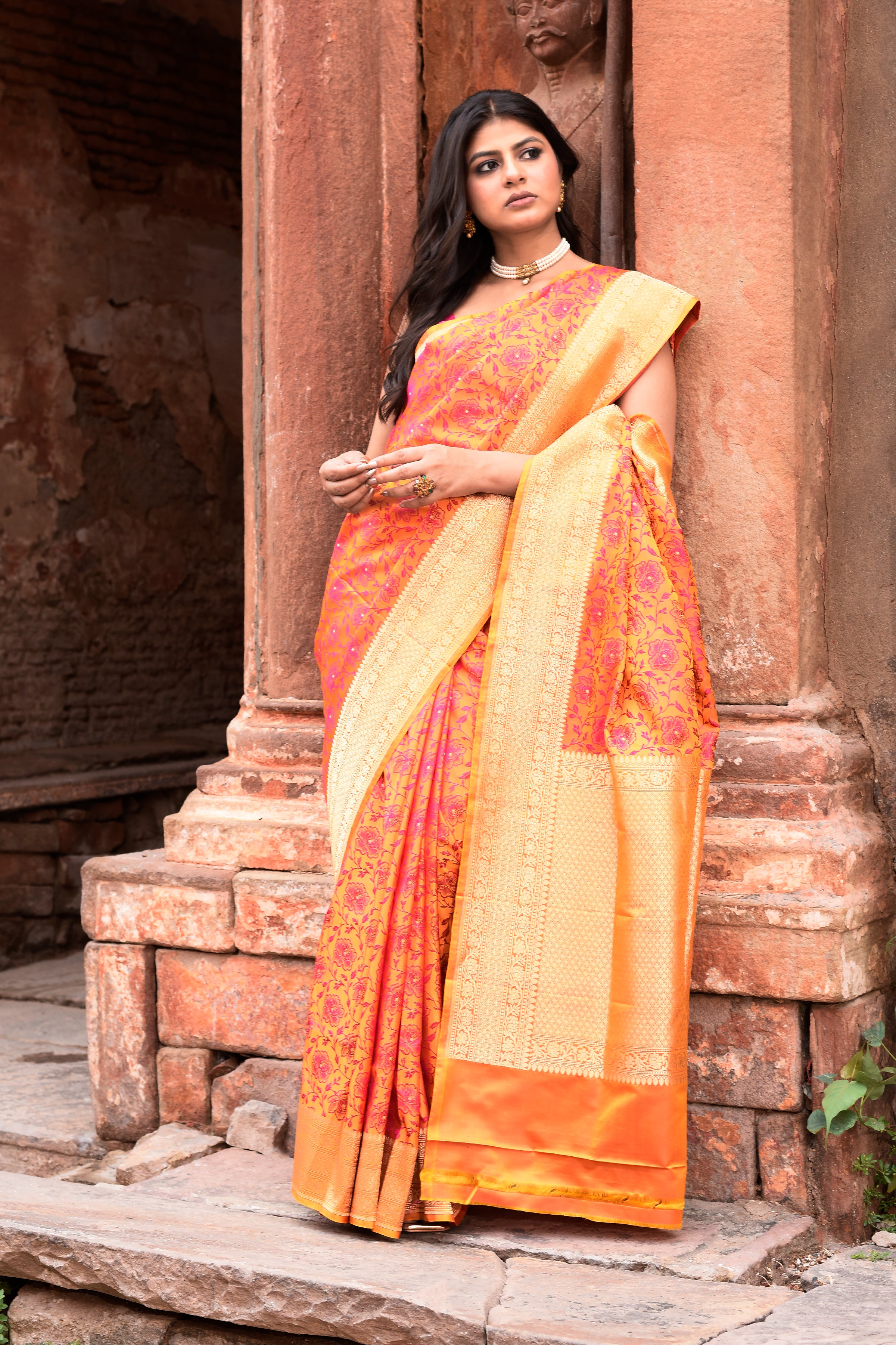 Radiant Orange-Pink Pure Silk Katan Brocade Saree