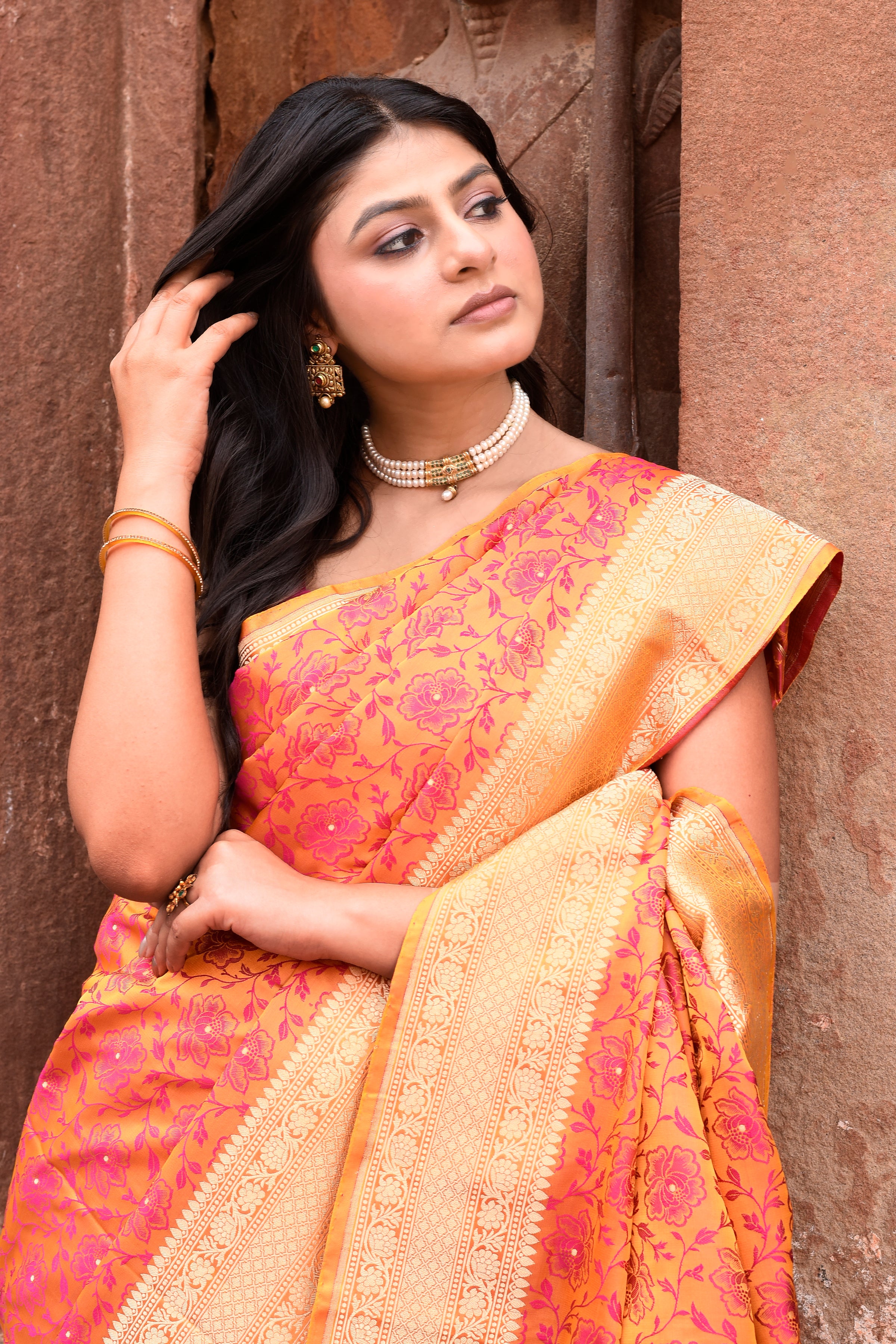 Radiant Orange-Pink Pure Silk Katan Brocade Saree