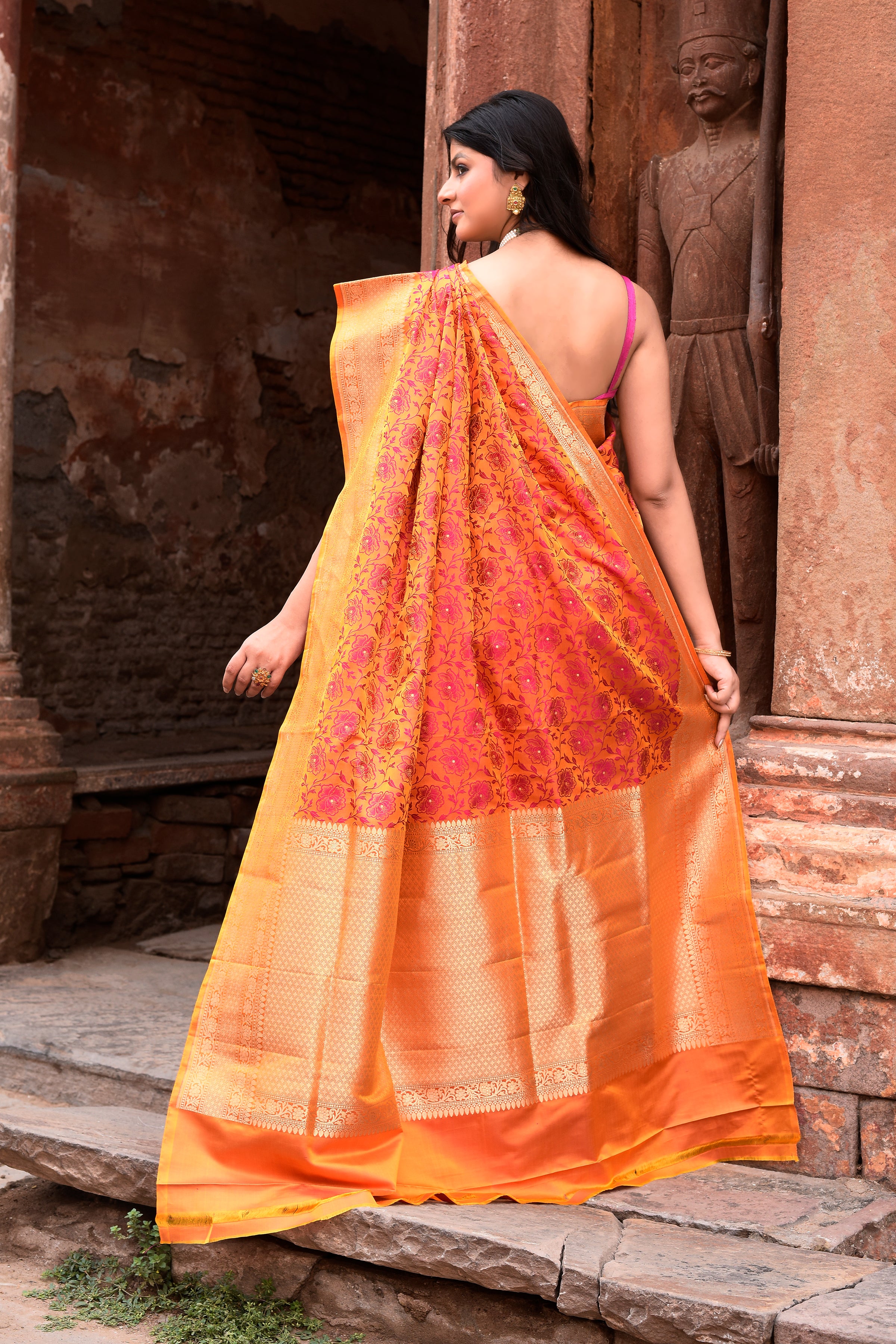 Radiant Orange-Pink Pure Silk Katan Brocade Saree