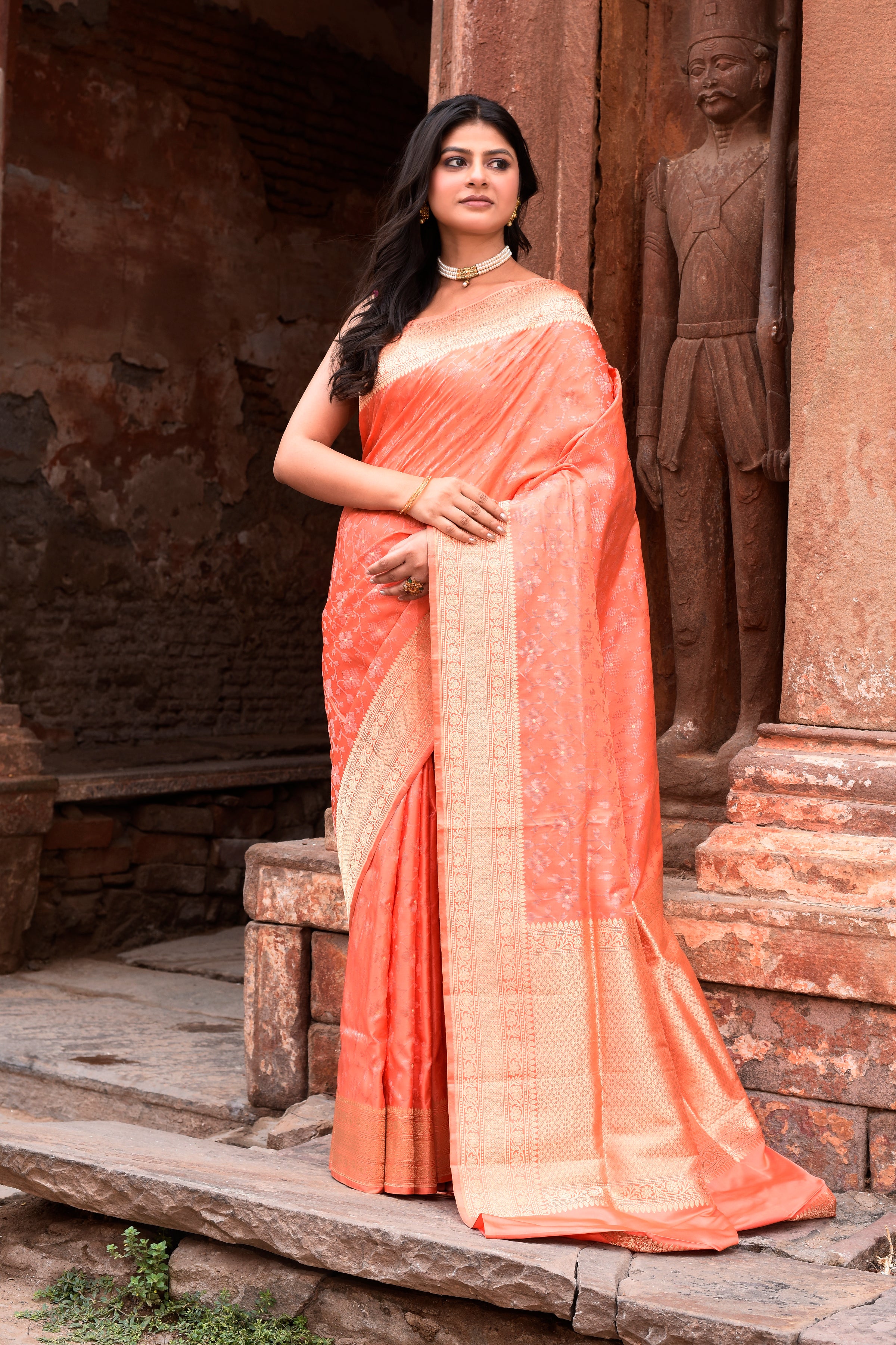 Peach Pure Silk Katan Brocade Saree