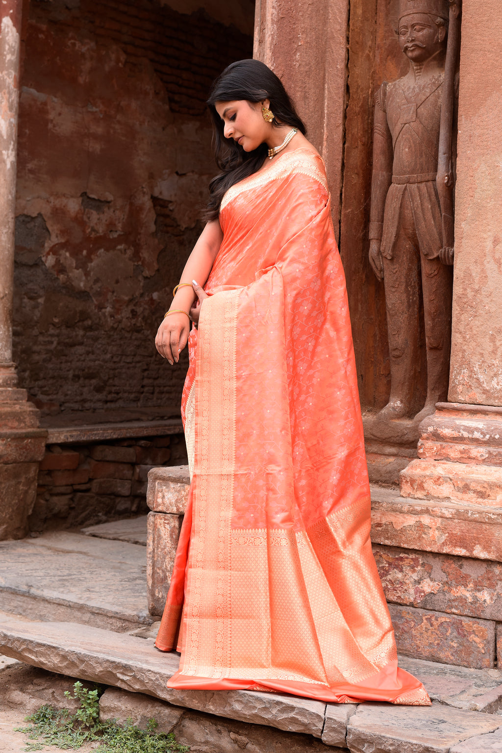 Peach Pure Silk Katan Brocade Saree