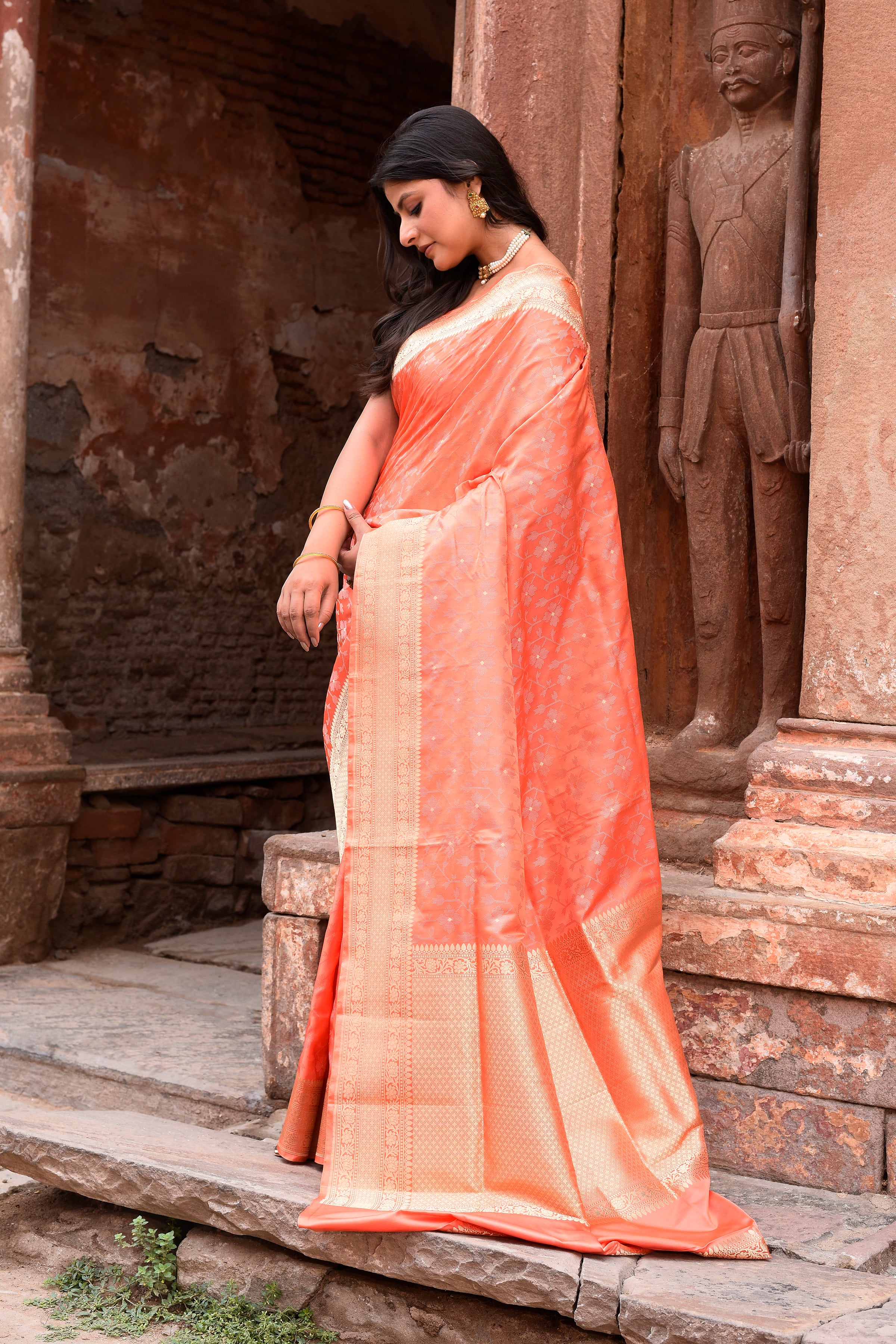 Peach Pure Silk Katan Brocade Saree