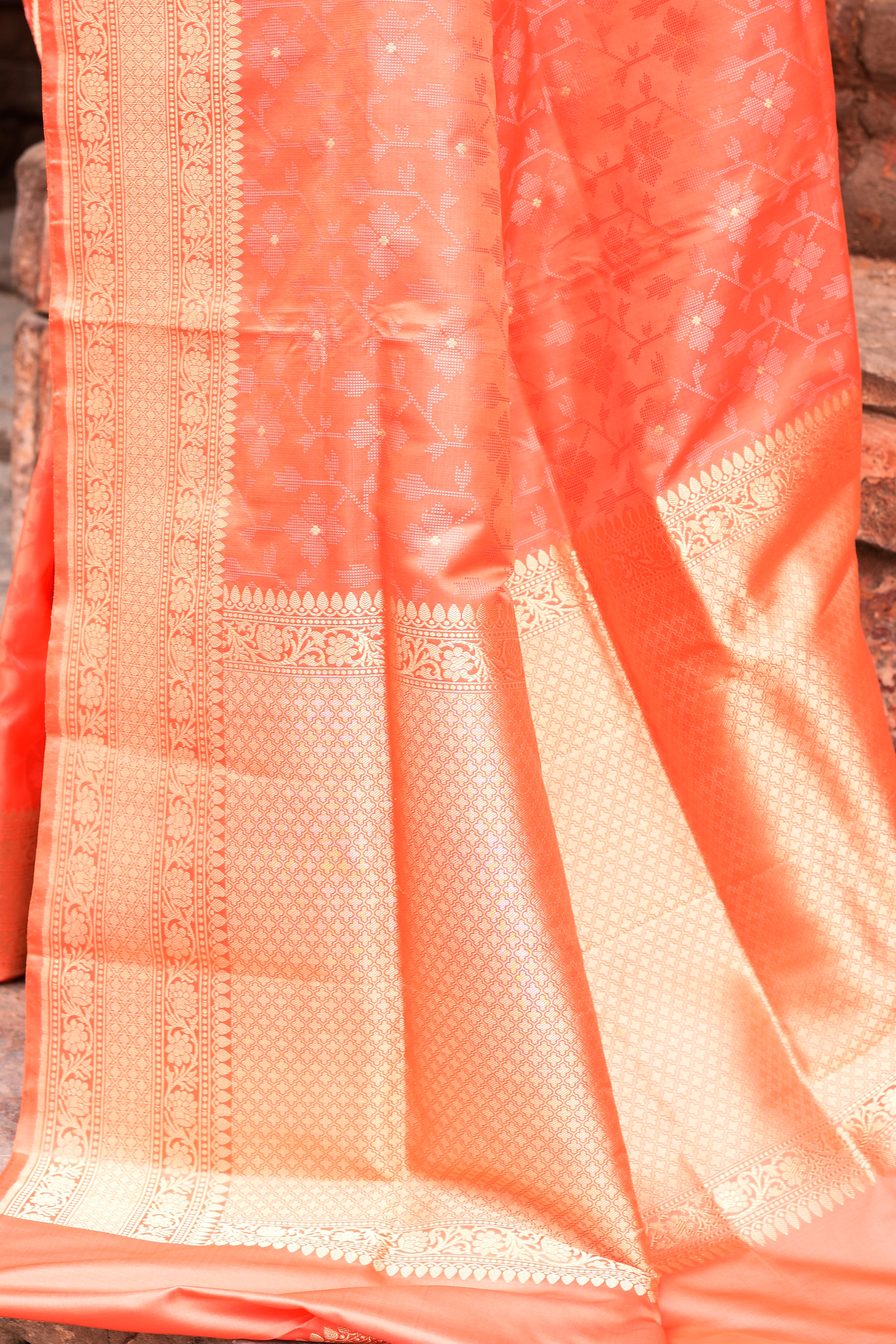 Peach Pure Silk Katan Brocade Saree