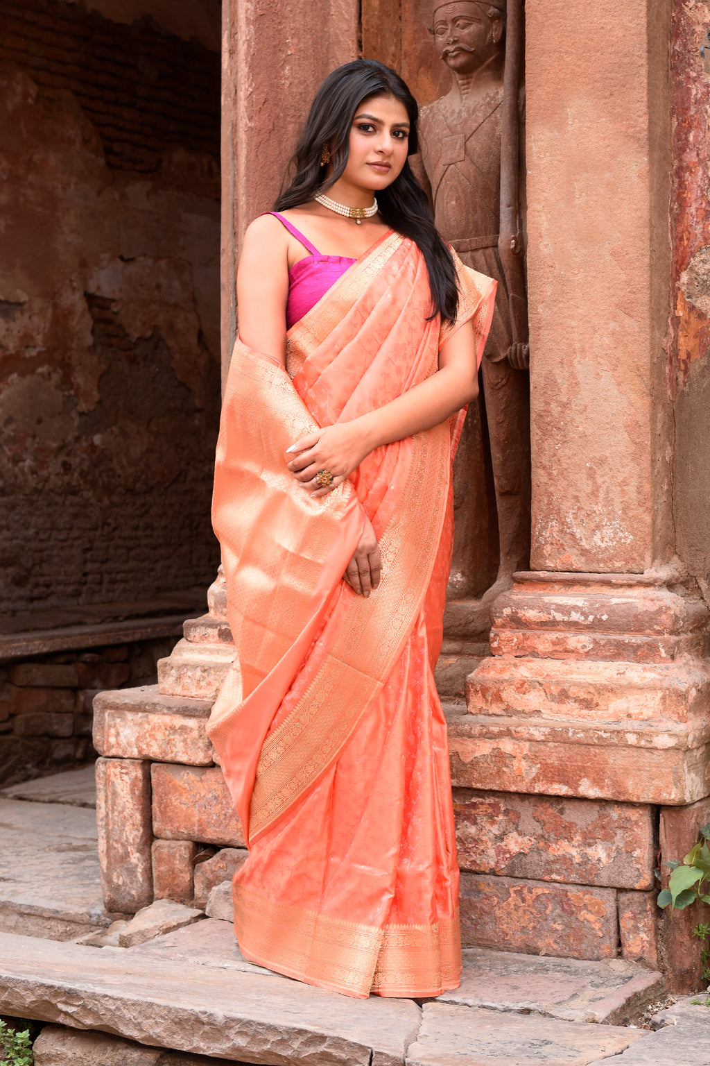 Peach Pure Silk Katan Brocade Saree