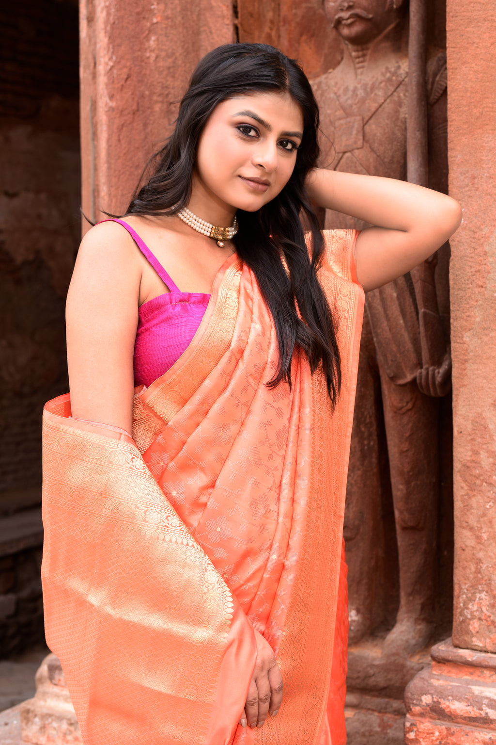 Peach Pure Silk Katan Brocade Saree