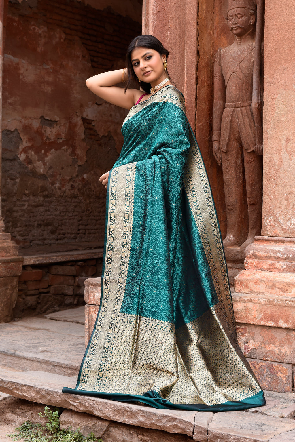 Teal Green Pure Silk Katan Brocade Saree
