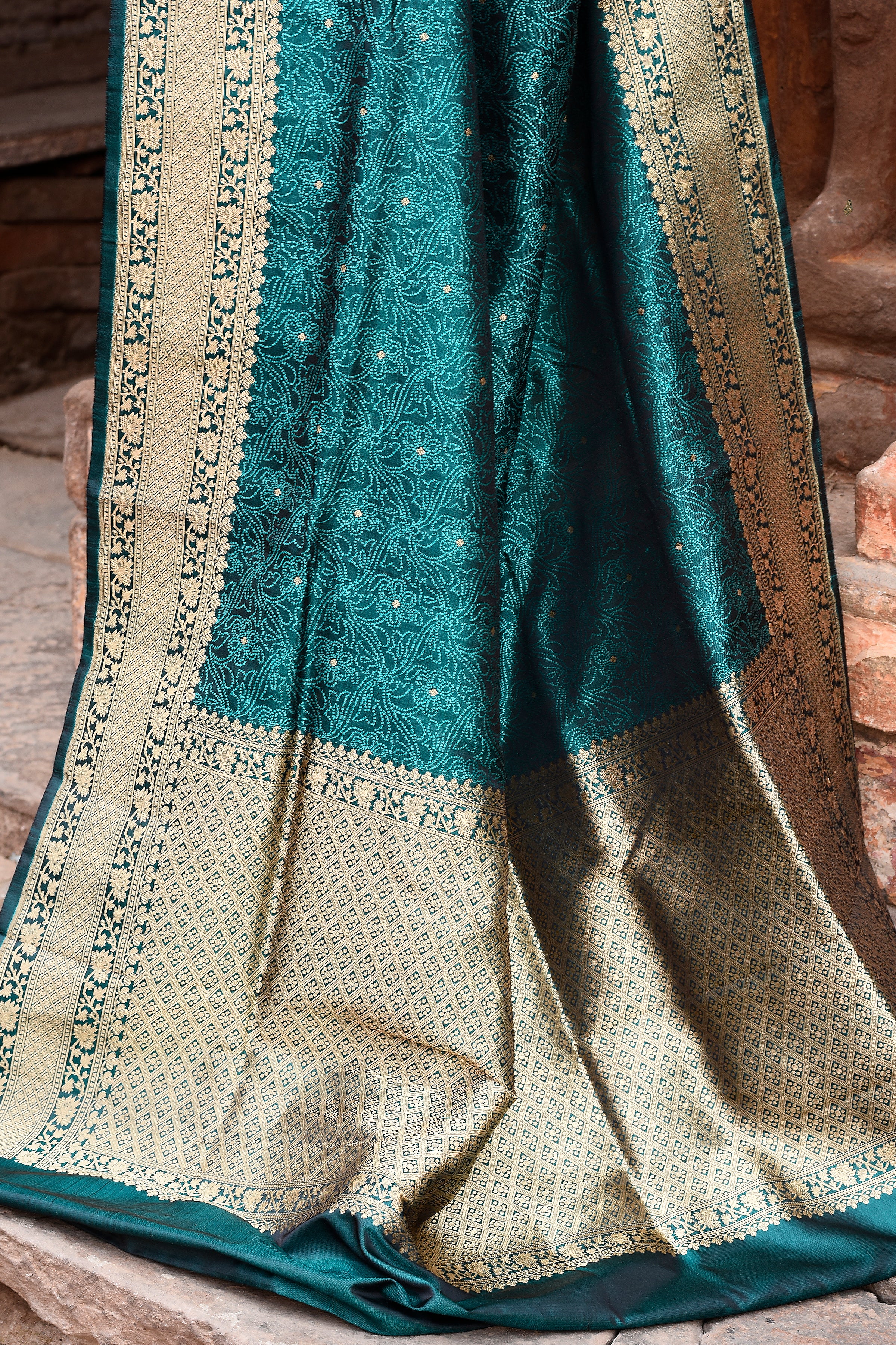 Teal Green Pure Silk Katan Brocade Saree