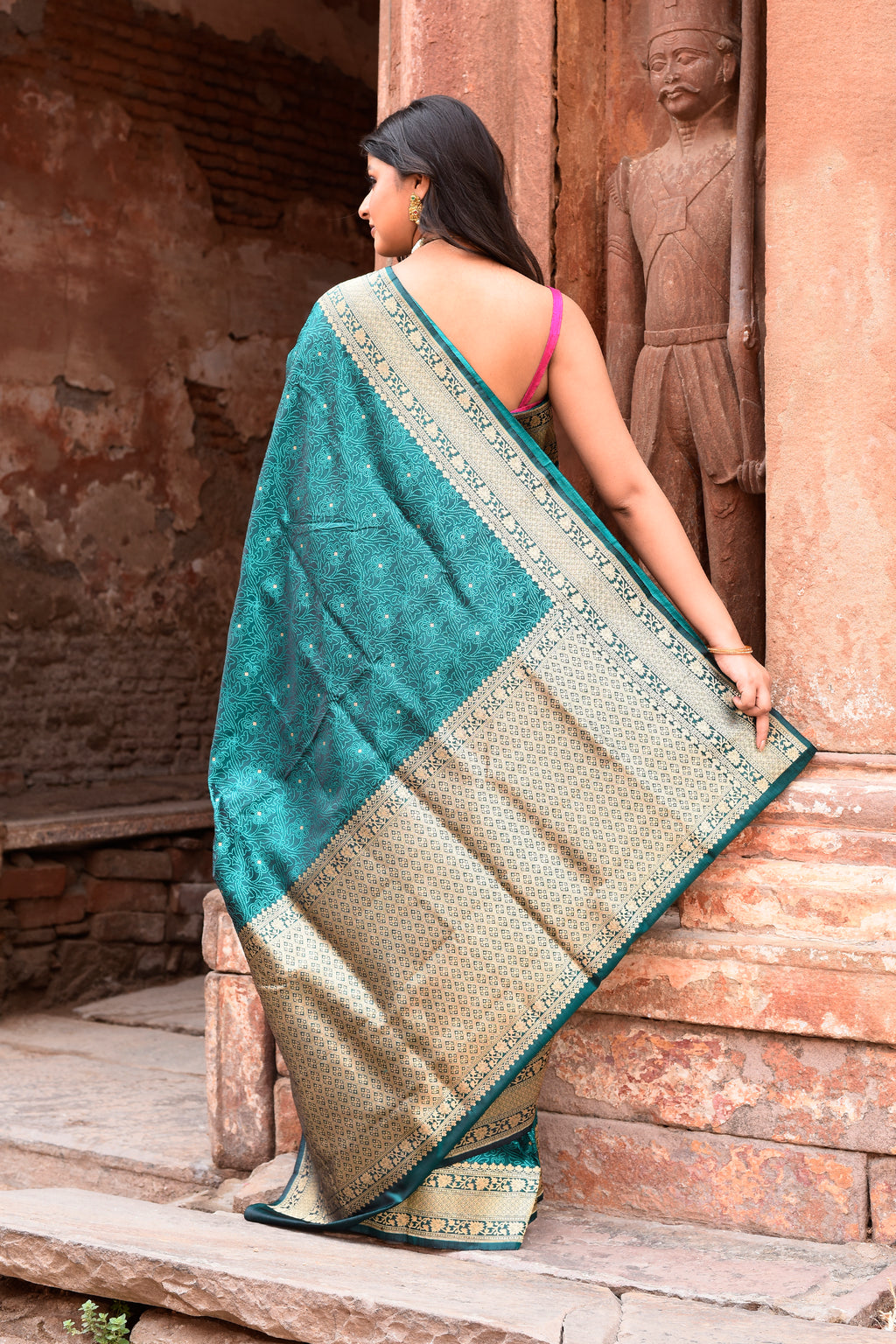 Teal Green Pure Silk Katan Brocade Saree