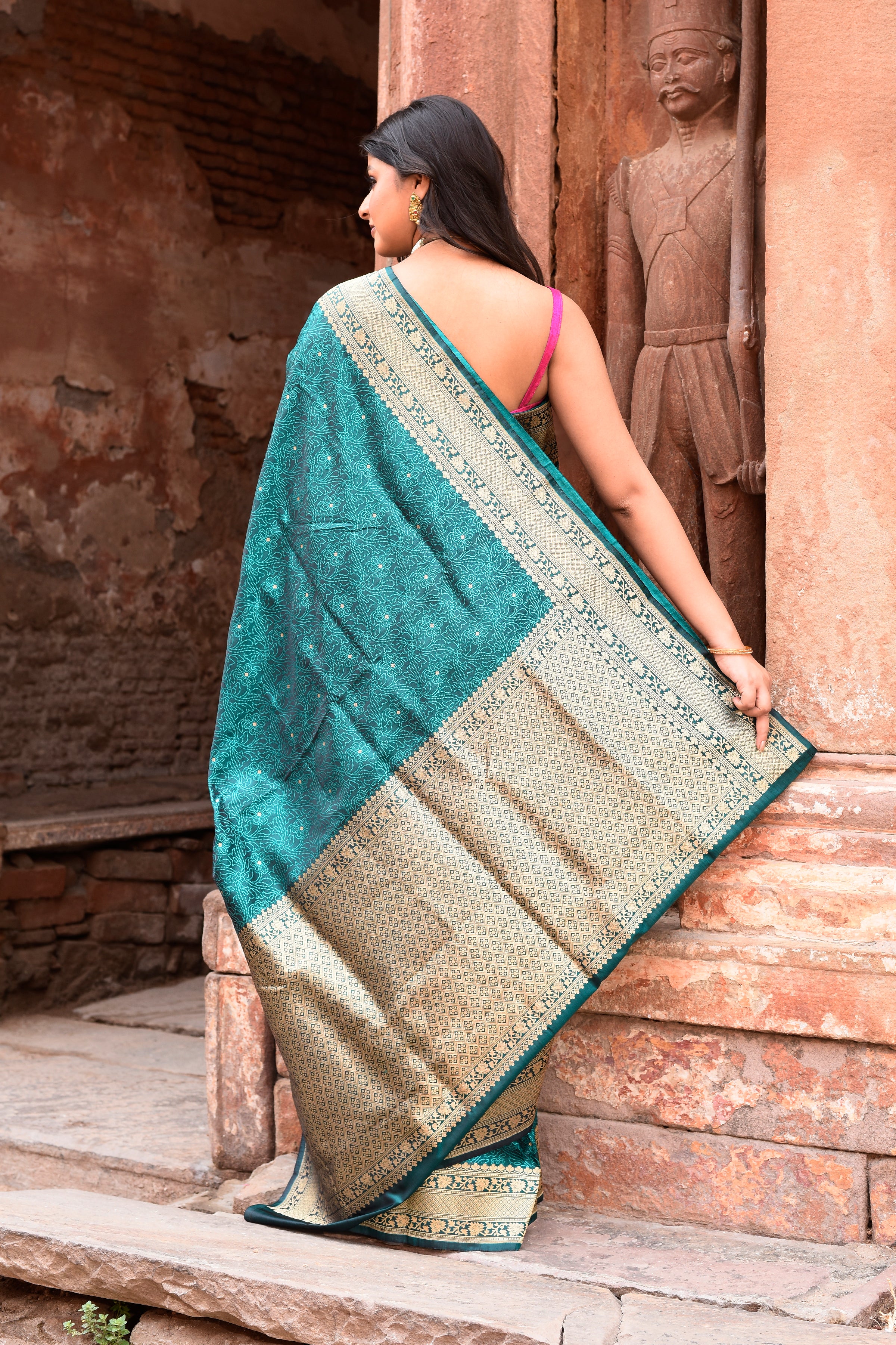 Teal Green Pure Silk Katan Brocade Saree