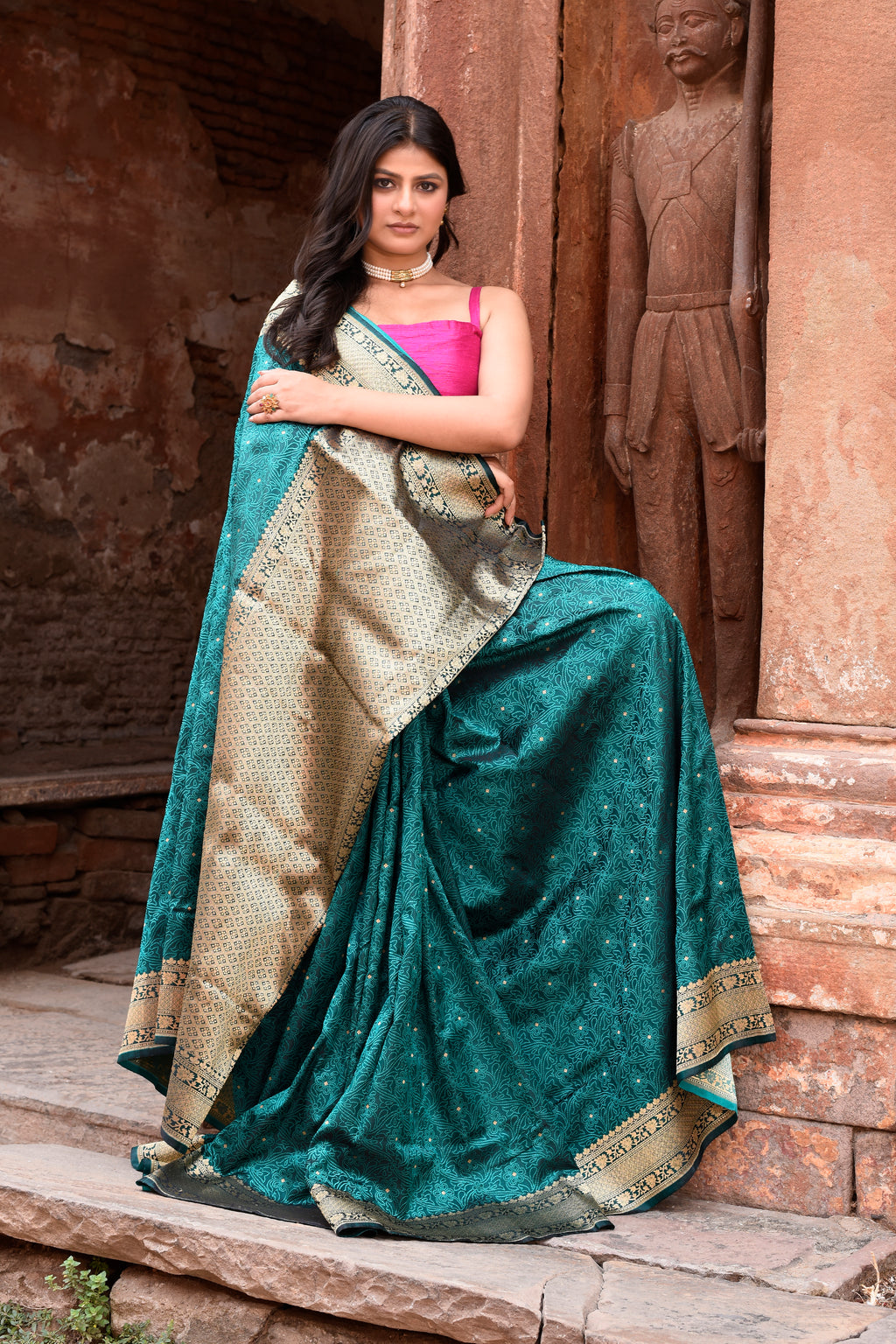 Teal Green Pure Silk Katan Brocade Saree