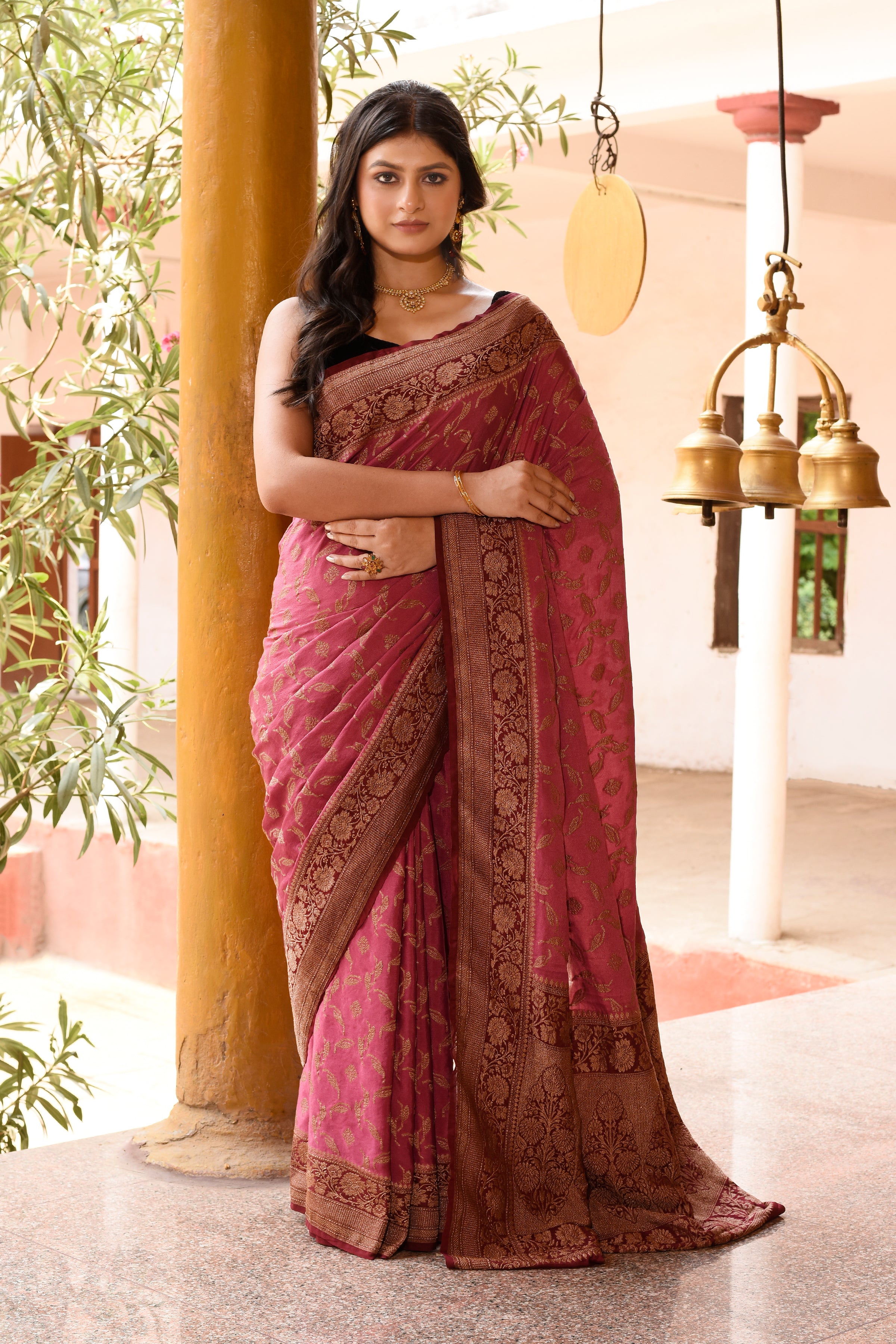 Dark Pink Banarasi Crape Chiffon Silk Saree