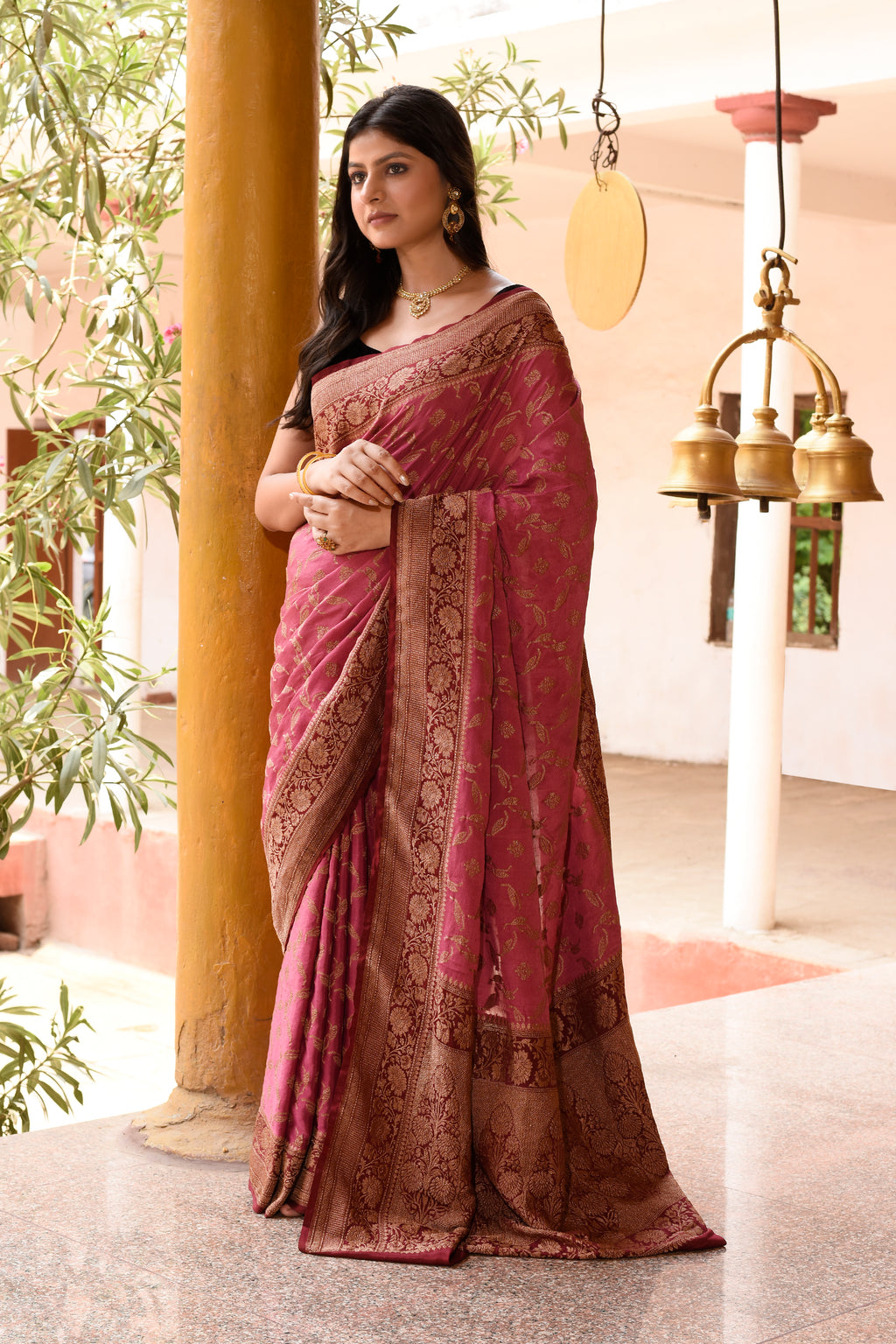 Dark Pink Banarasi Crape Chiffon Silk Saree