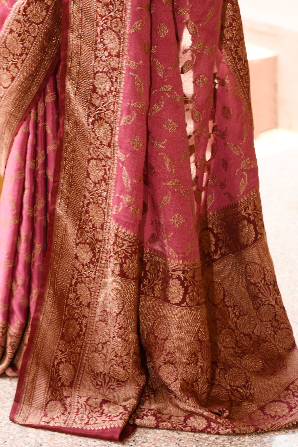 Dark Pink Banarasi Crape Chiffon Silk Saree