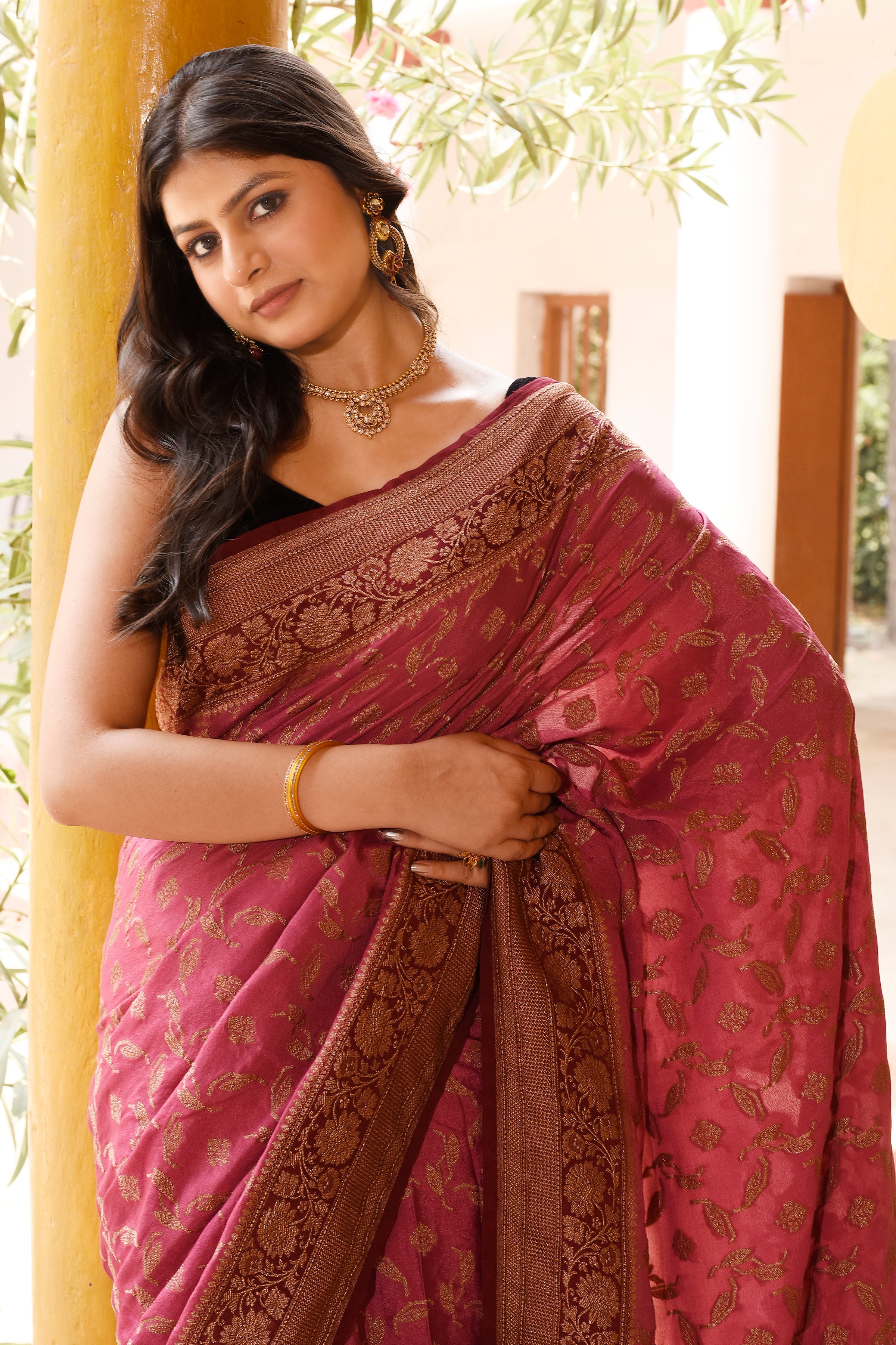 Dark Pink Banarasi Crape Chiffon Silk Saree