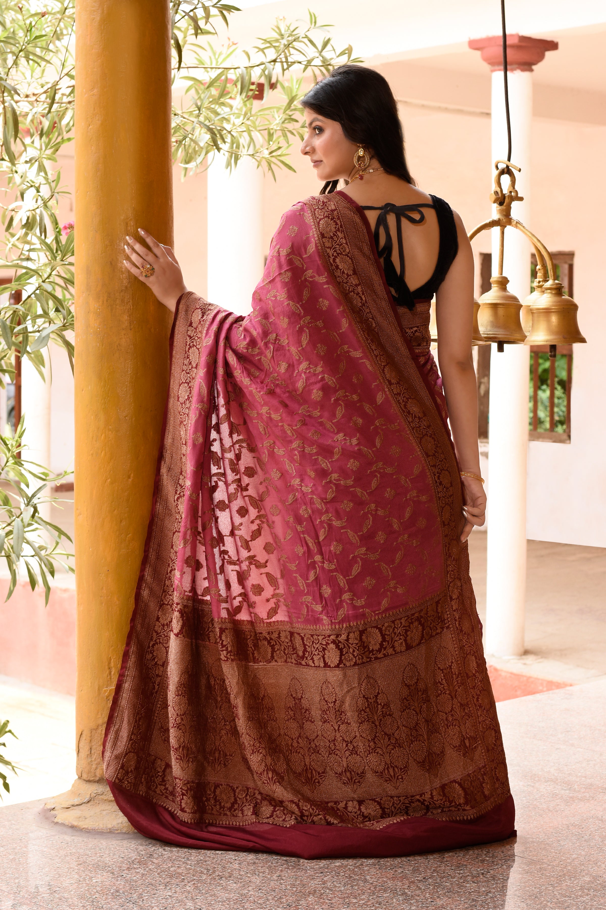 Dark Pink Banarasi Crape Chiffon Silk Saree