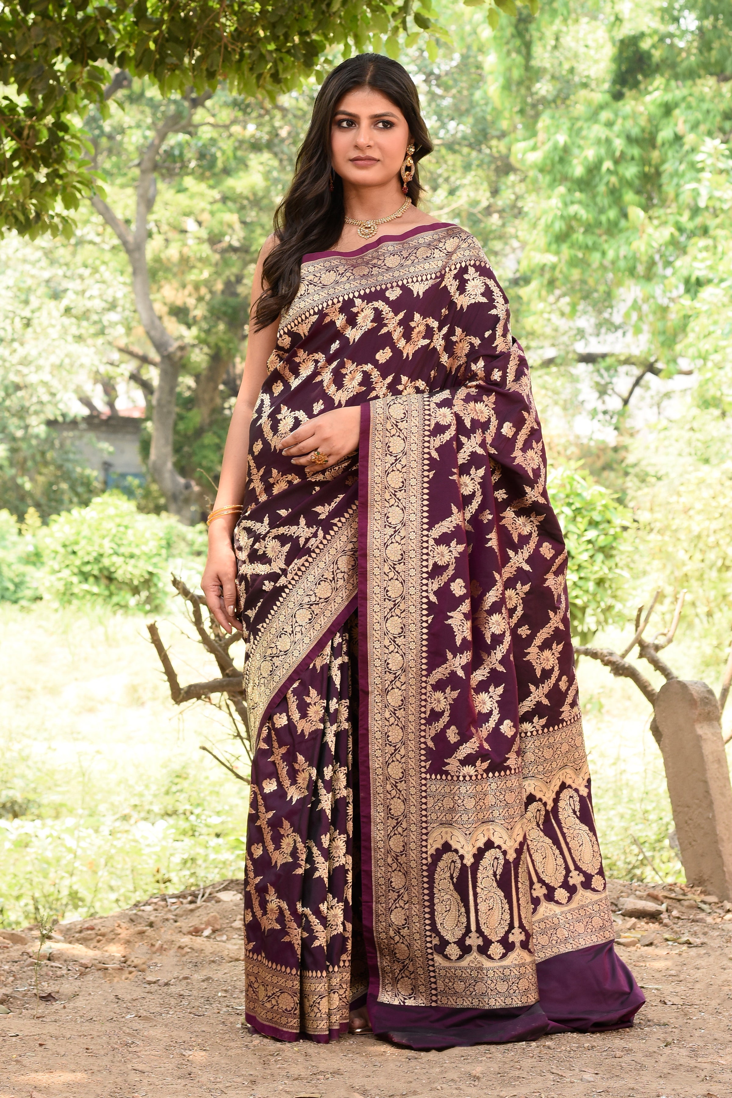 Wine Banarasi Soft Silk Saree