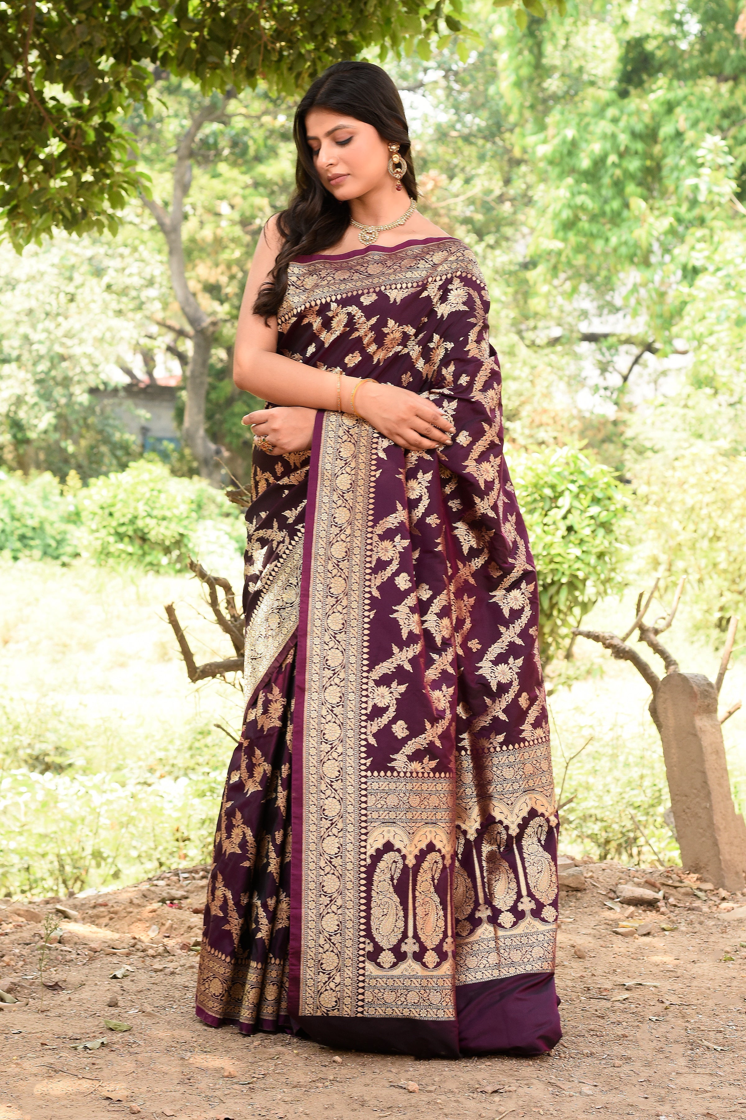 Wine Banarasi Soft Silk Saree