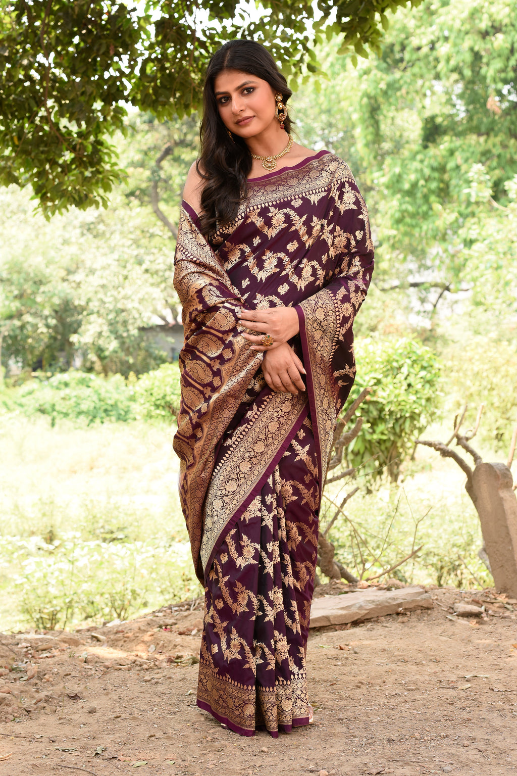 Wine Banarasi Soft Silk Saree