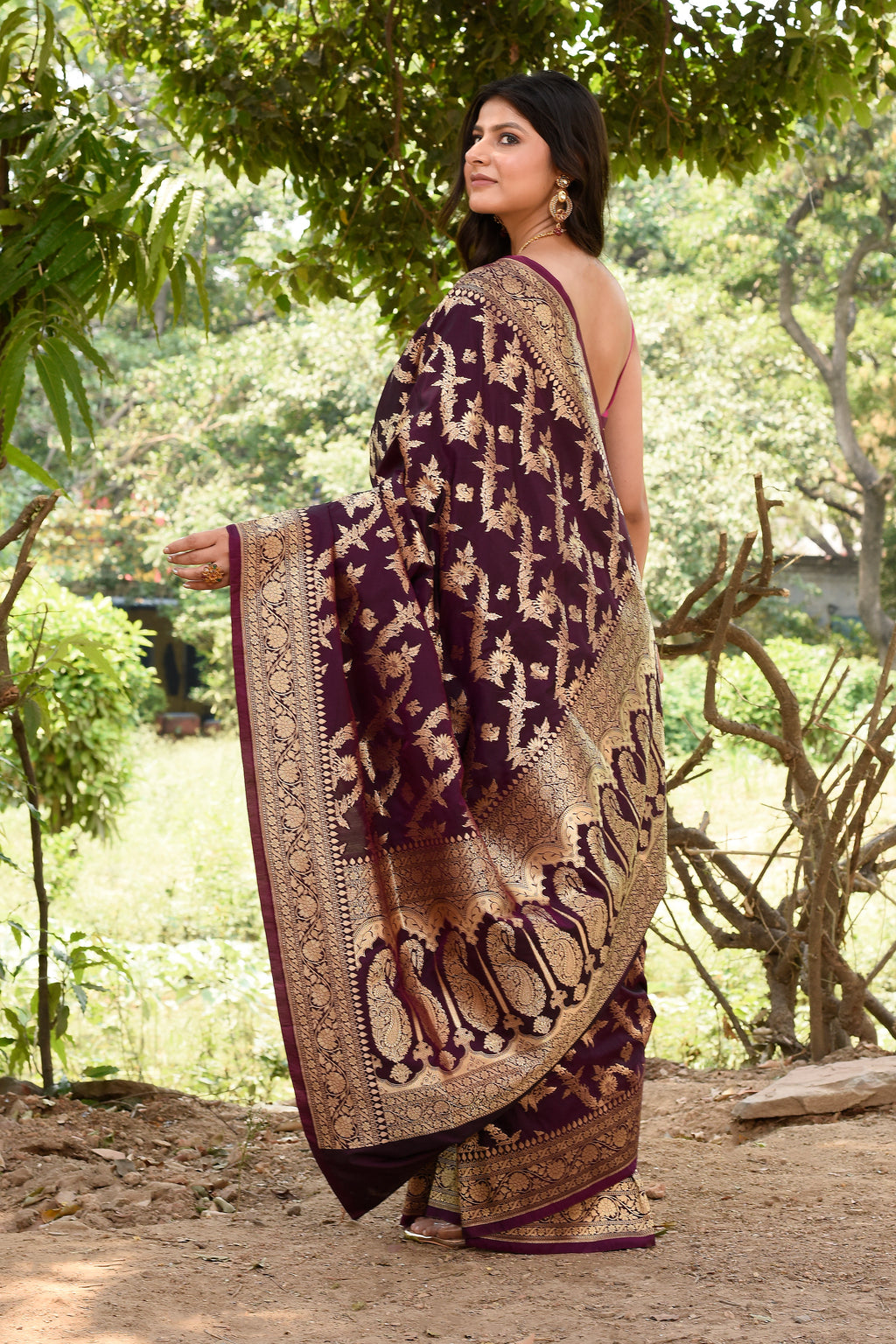 Wine Banarasi Soft Silk Saree