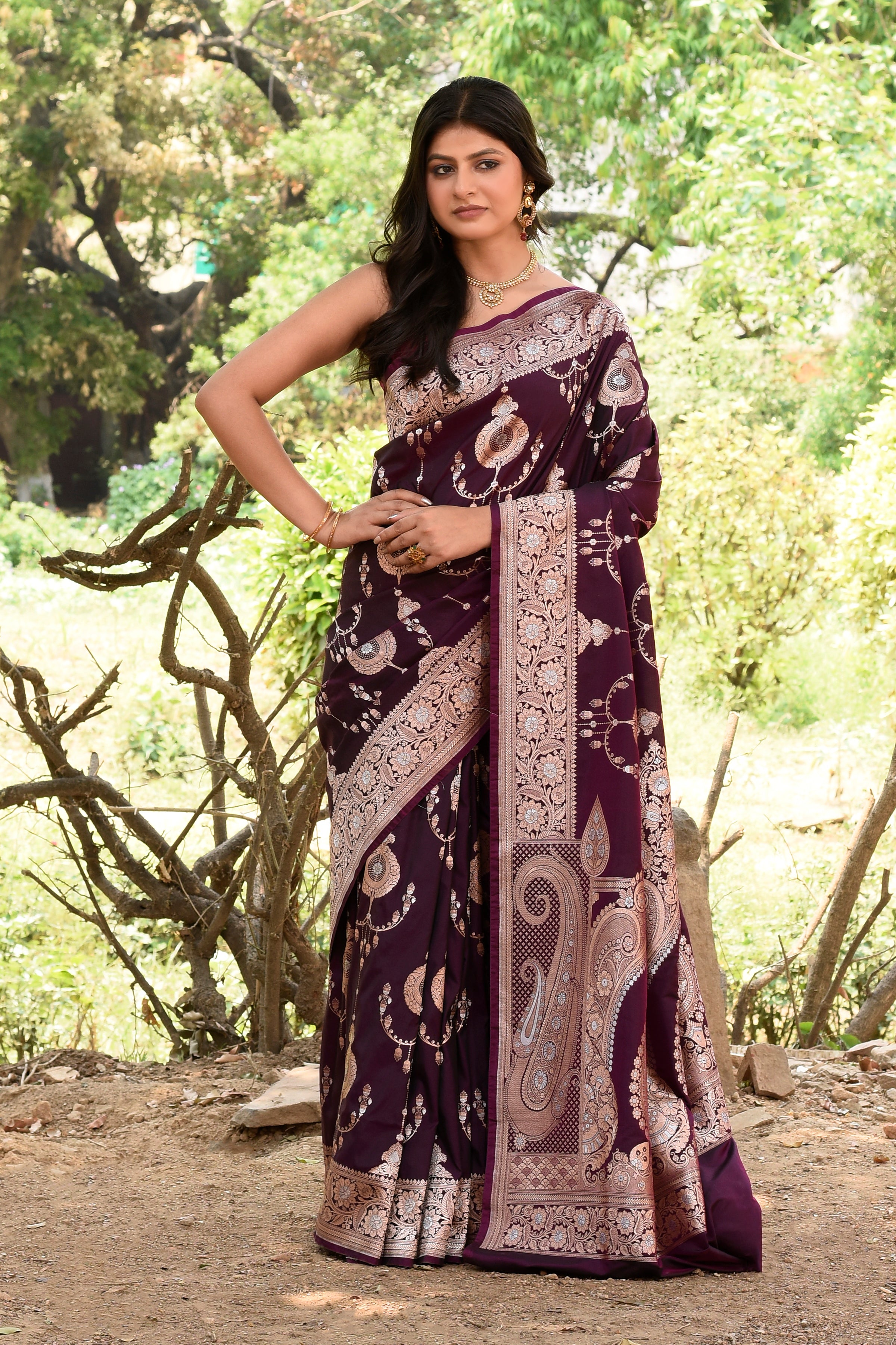 Wine Banarasi Soft Silk Saree
